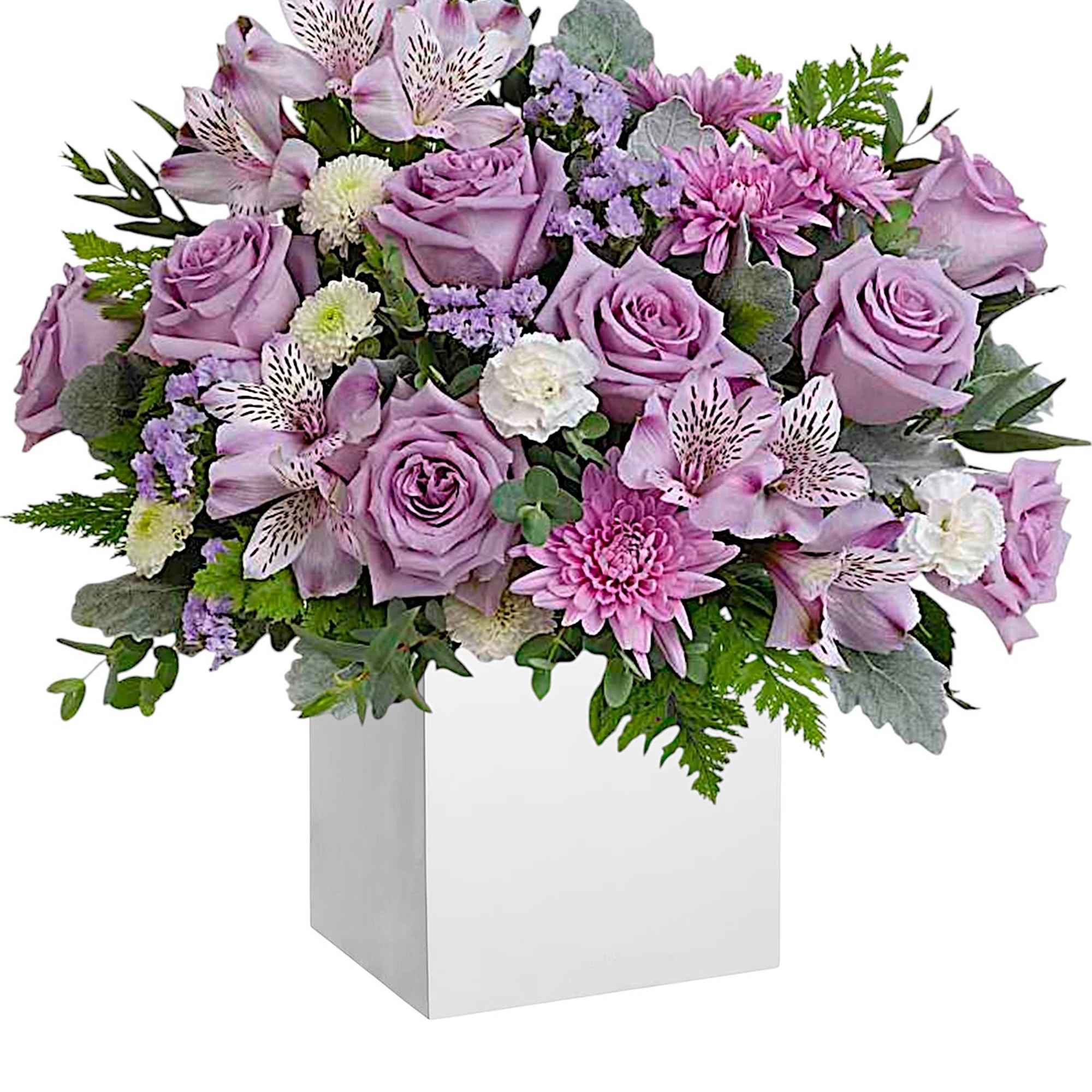 Experience the enchantment of blooms delivered! Purple roses in a eco-friendly wooden