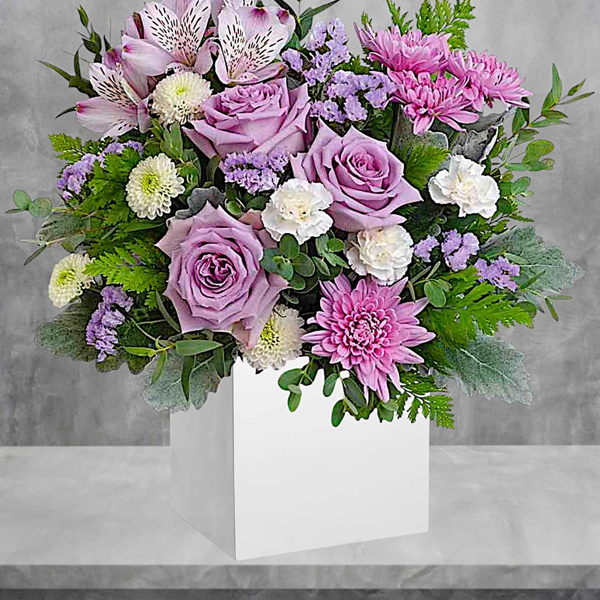 Experience the enchantment of blooms delivered! Purple roses in a eco-friendly wooden, photo 2 of 4