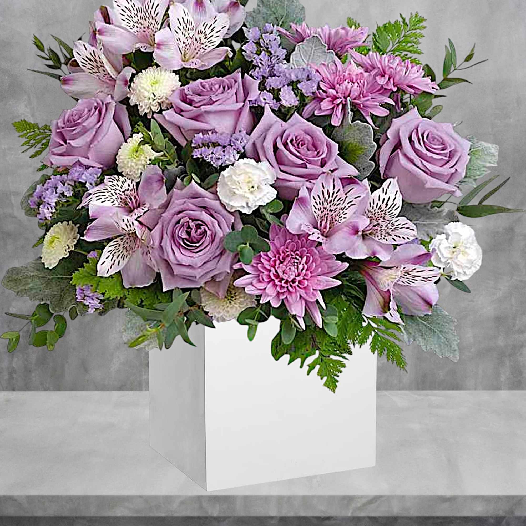 Experience the enchantment of blooms delivered! Purple roses in a eco-friendly wooden, photo 2 of 4