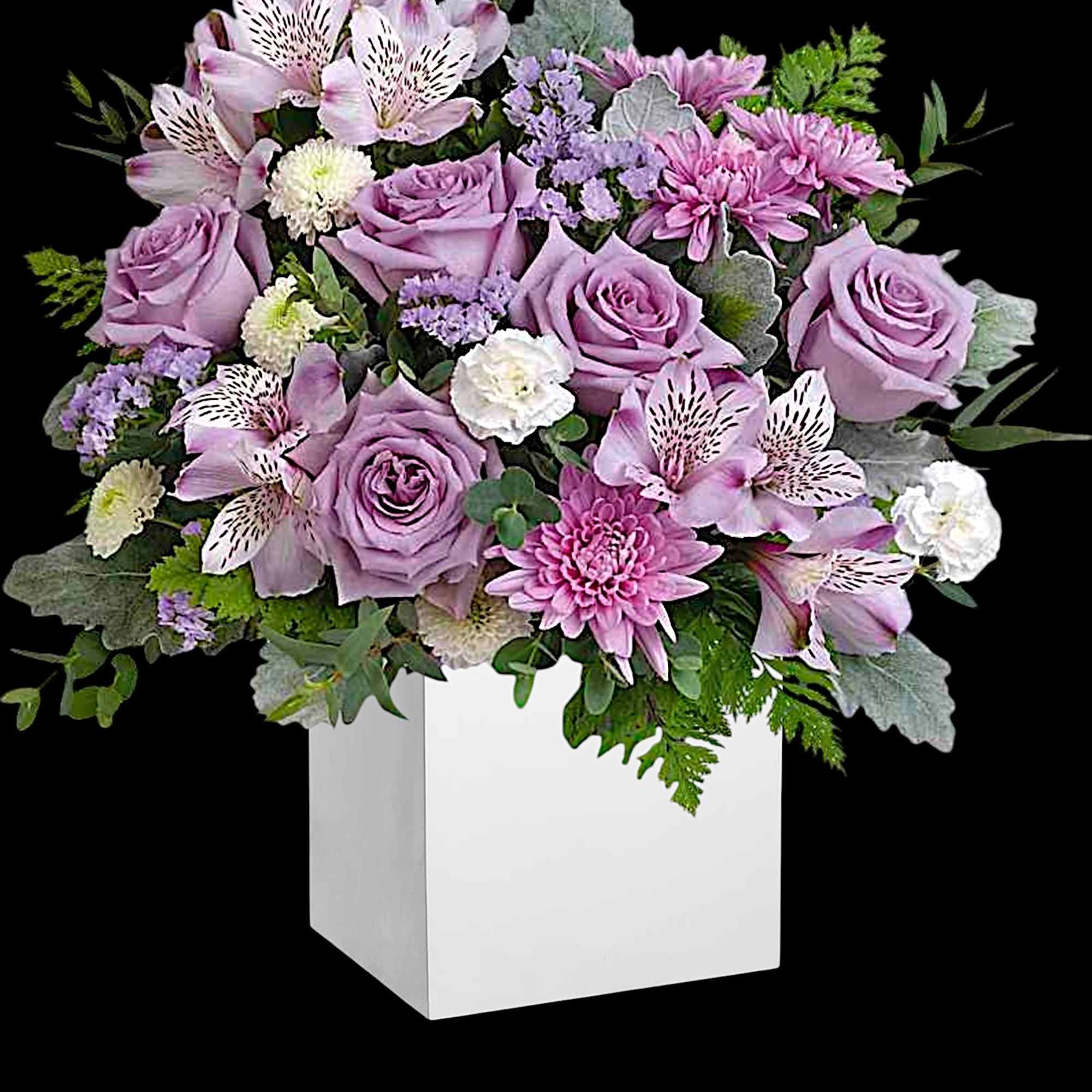 Experience the enchantment of blooms delivered! Purple roses in a eco-friendly wooden, photo 3 of 4