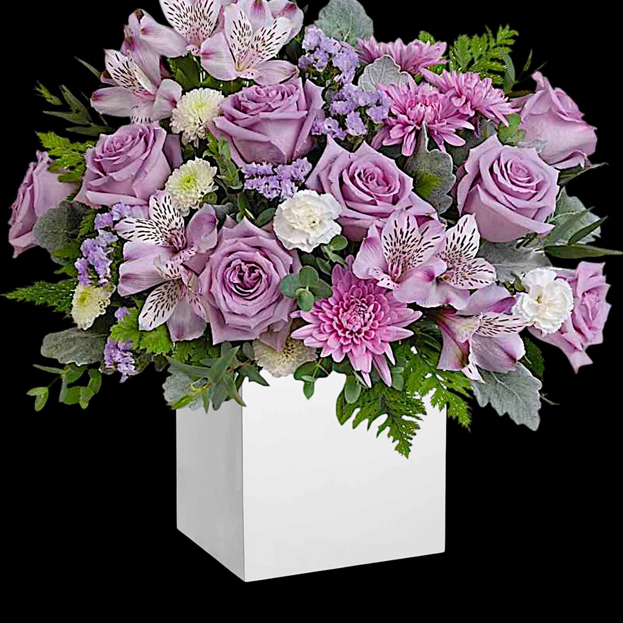 Lavender bouquet of roses, alstroemeria, and chrysanthemums in a white box