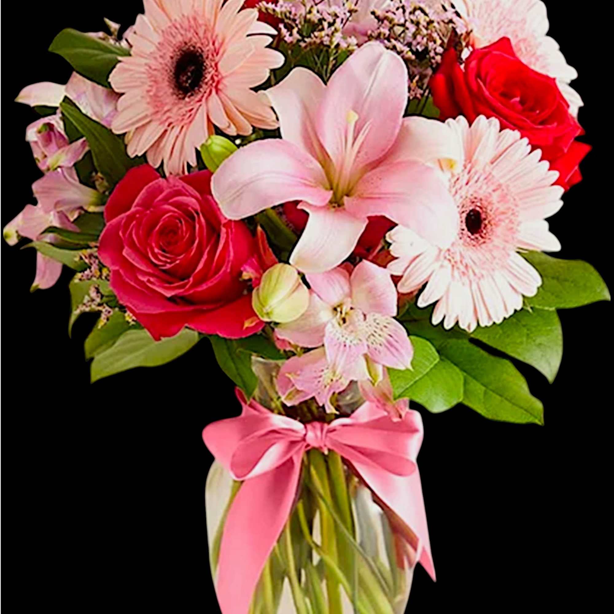 Pink and red mixed bouquet in a glass vase with a pink ribbon, photo 3 of 4