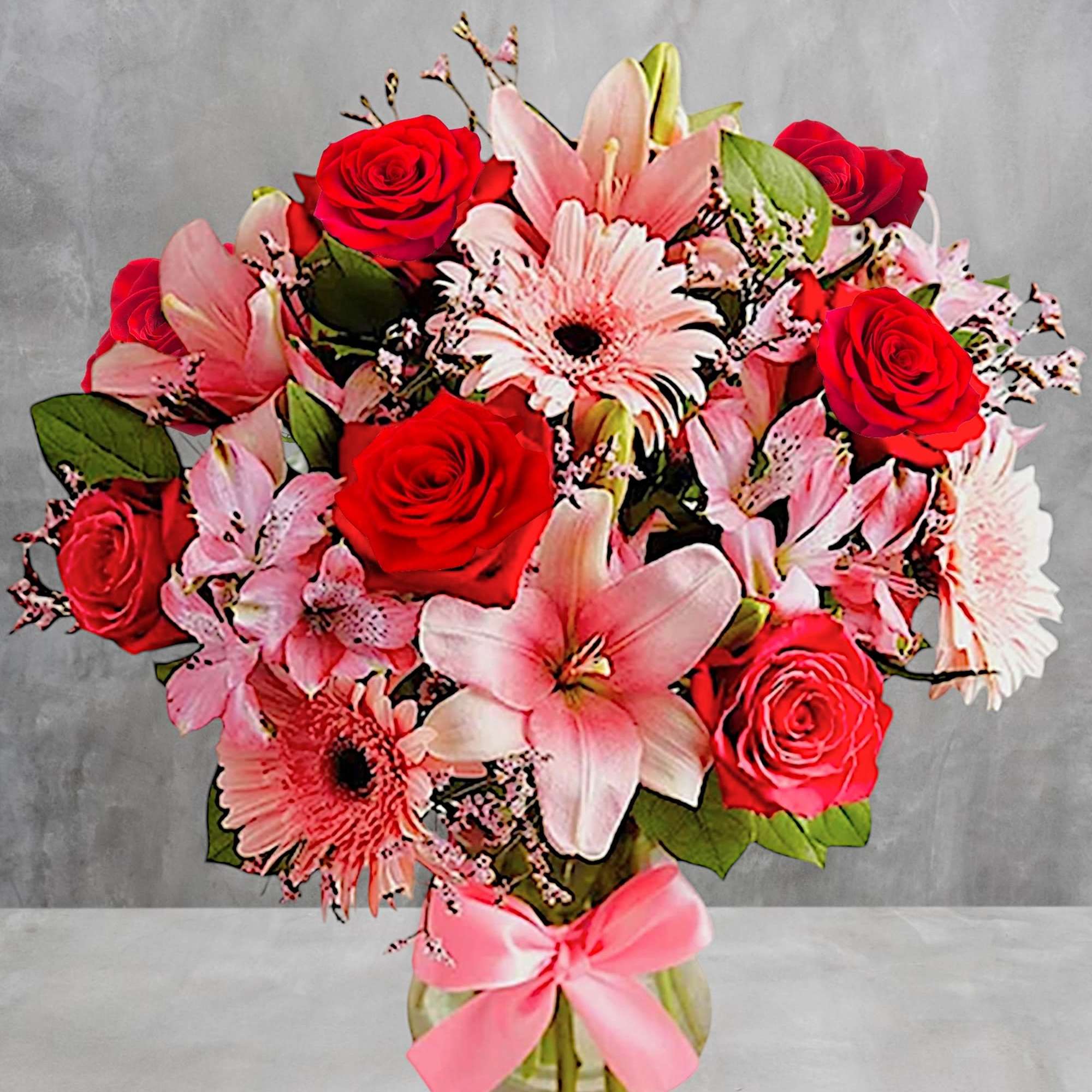Bouquet of red roses and pink lilies in a glass vase with a pink ribbon, photo 2 of 5