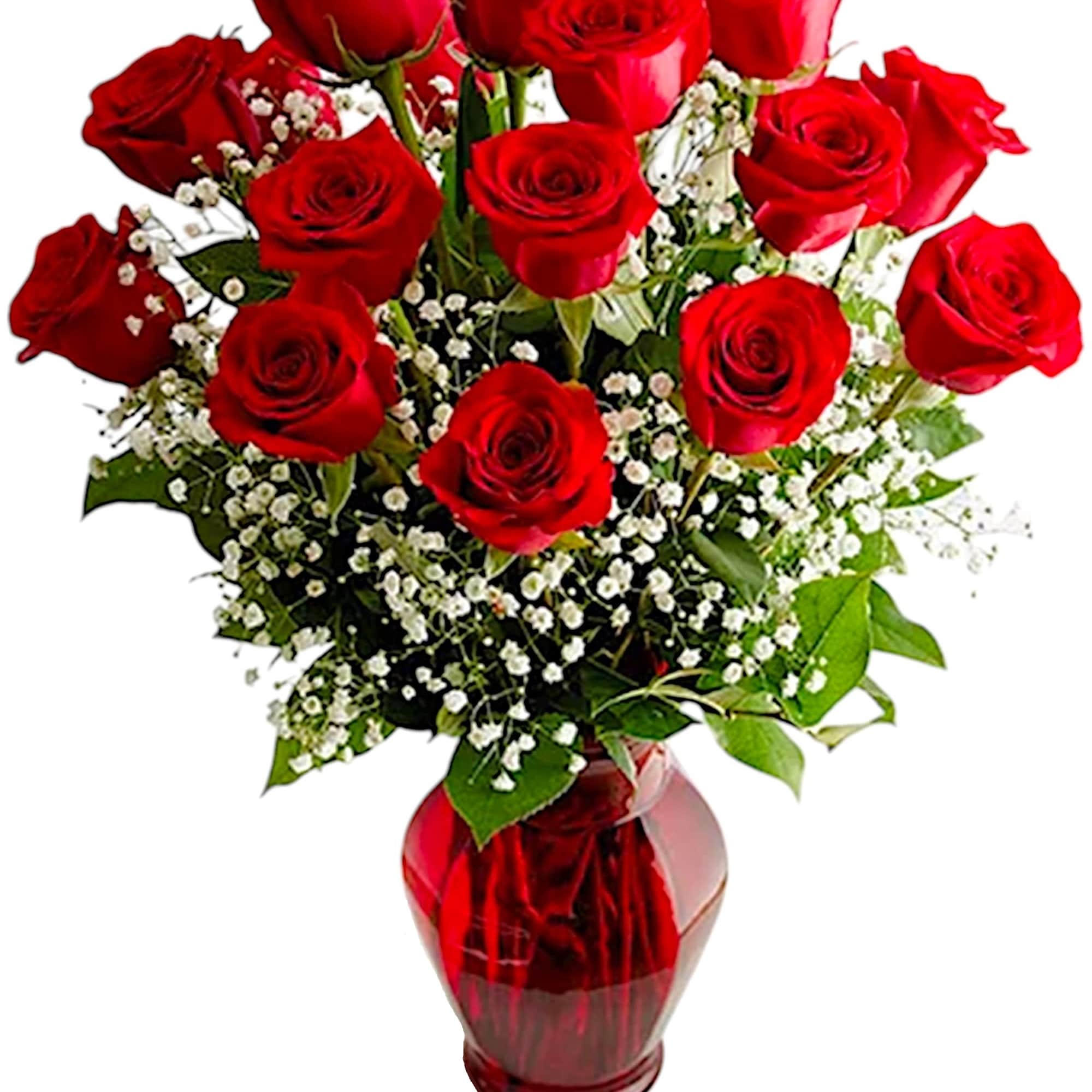 Bouquet of red roses in a red glass vase