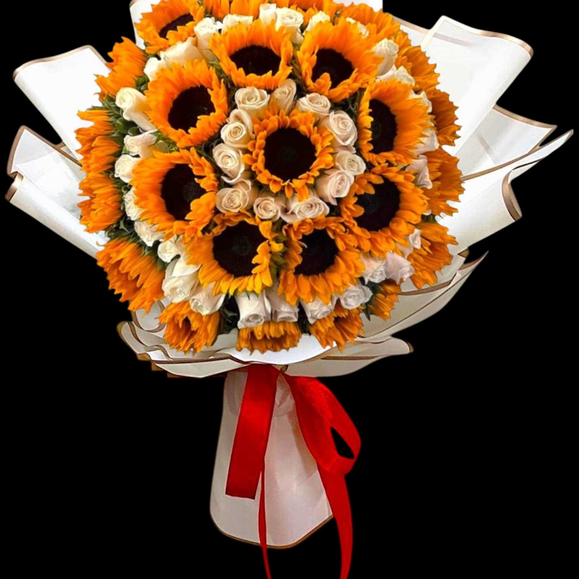 Bouquet of sunflowers and white roses wrapped in white paper with a red ribbon, photo 3 of 4