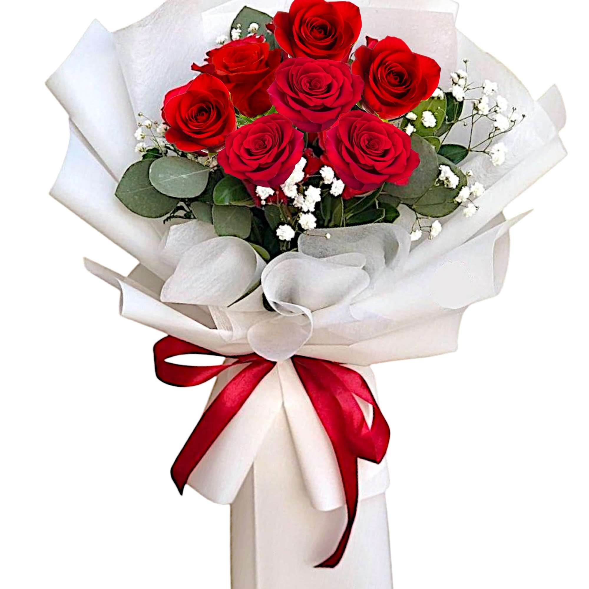 Bouquet of red roses wrapped in white paper with a red ribbon