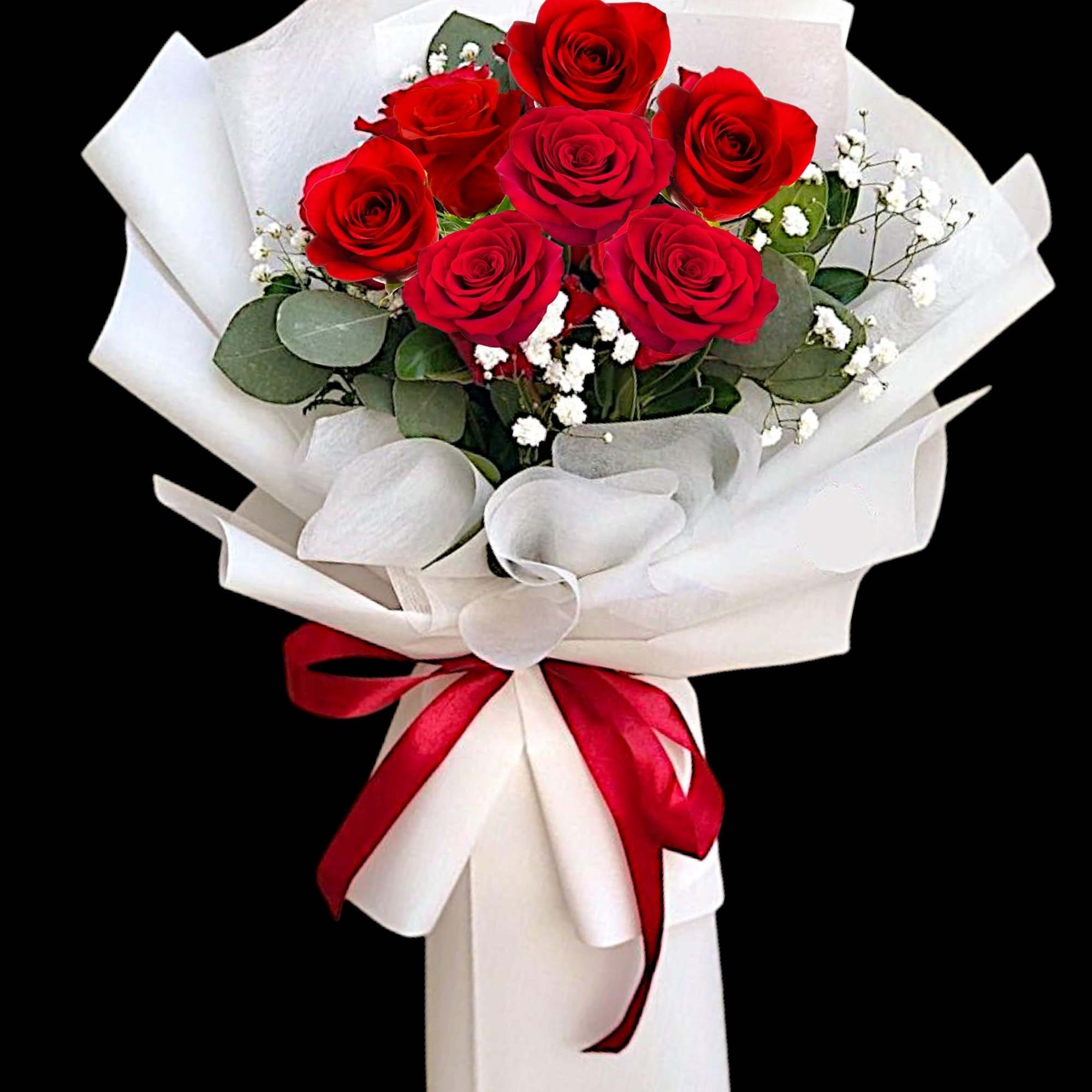 Bouquet of red roses wrapped in white paper with a red ribbon, photo 3 of 4