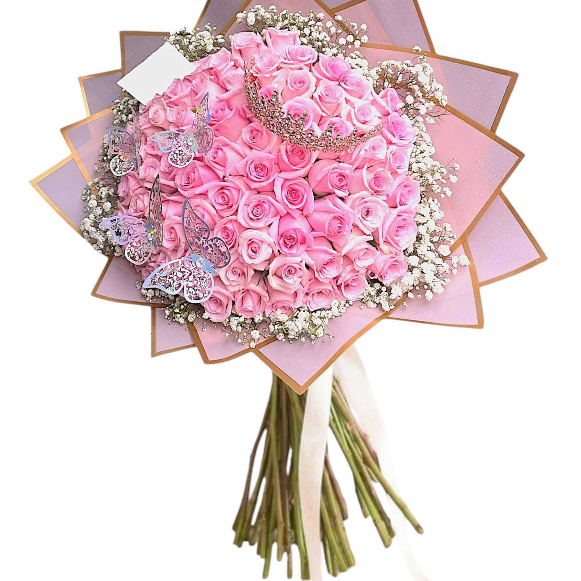 Pink rose bouquet with baby’s breath and butterfly decorations