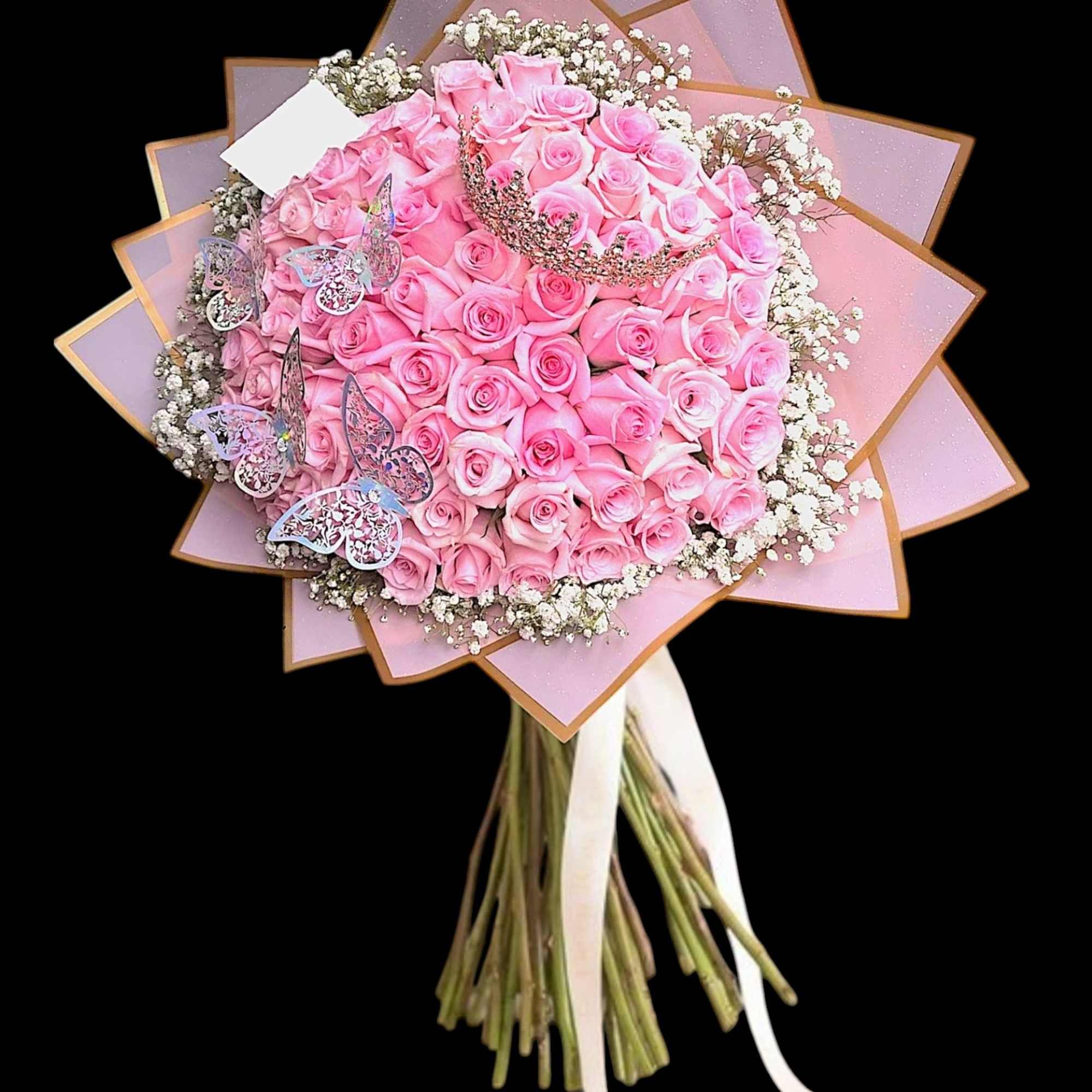 Pink rose bouquet with baby’s breath and butterfly decorations, photo 4 of 5