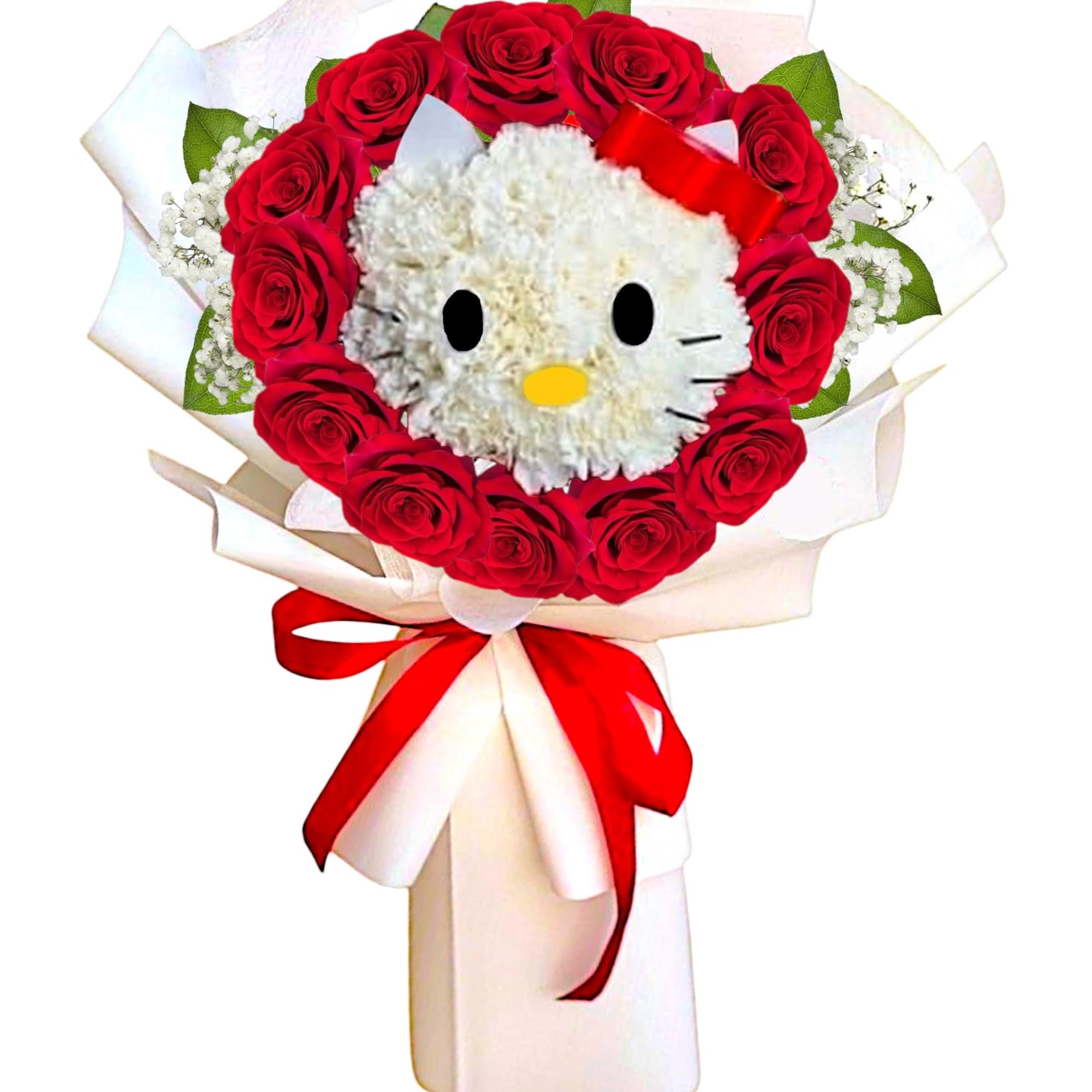 Heart-shaped bouquet of red roses with a Hello Kitty face centerpiece
