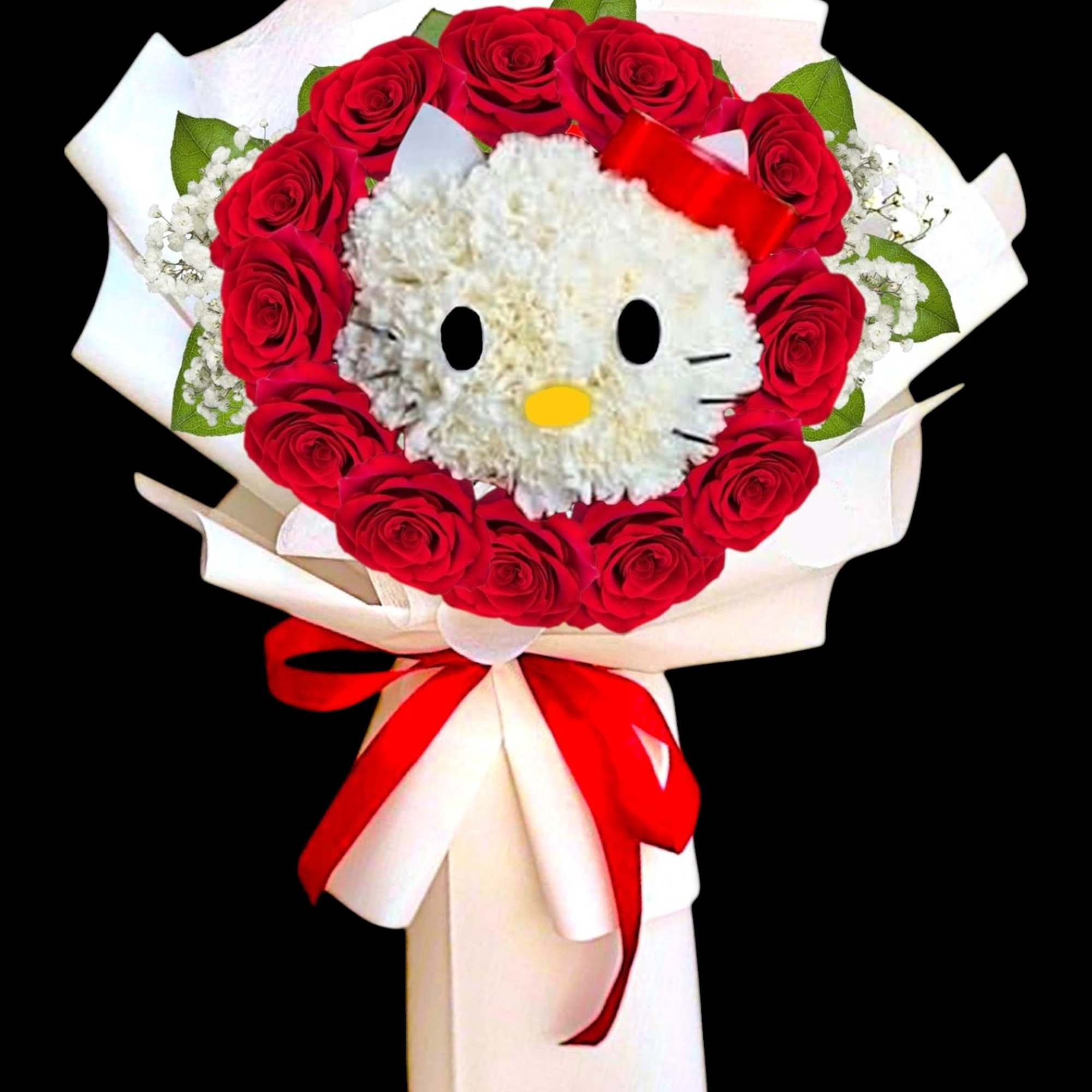 Heart-shaped red rose bouquet with a Hello Kitty face center and red ribbon