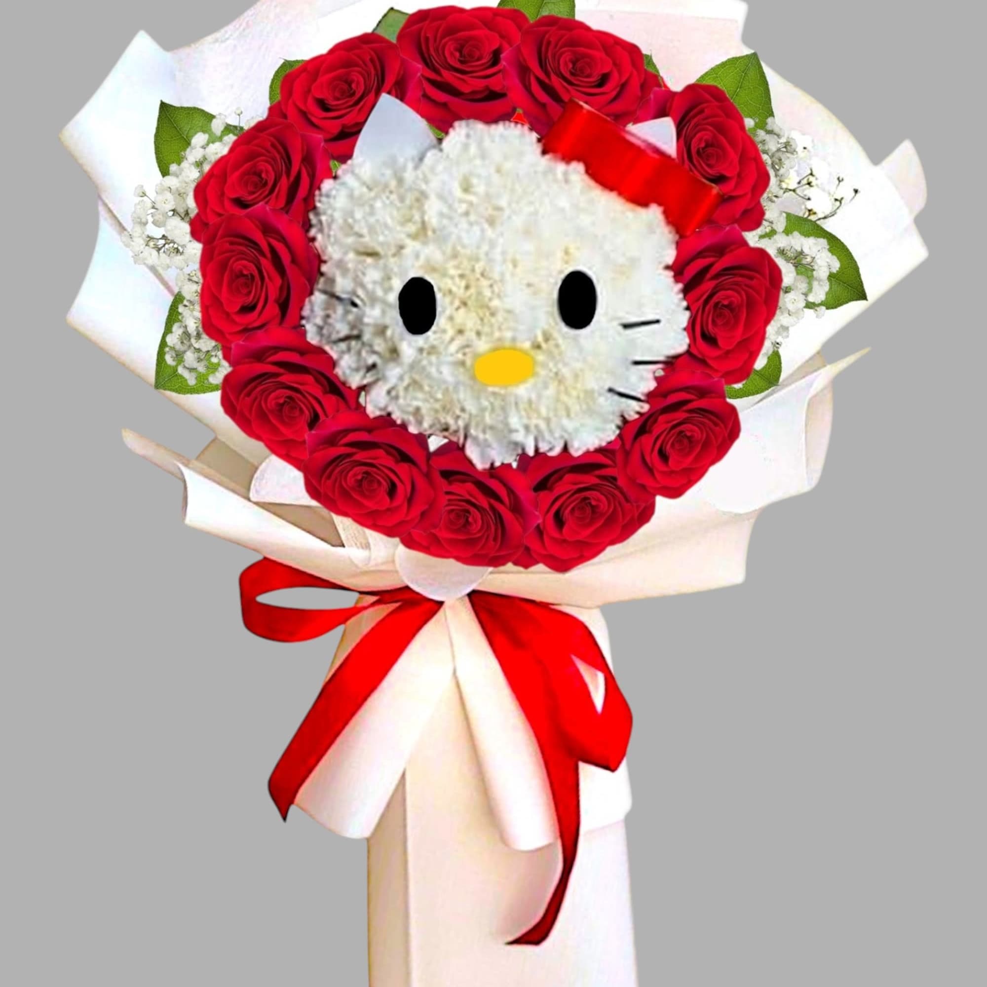 Heart-shaped bouquet of red roses with a Hello Kitty face centerpiece, photo 4 of 4