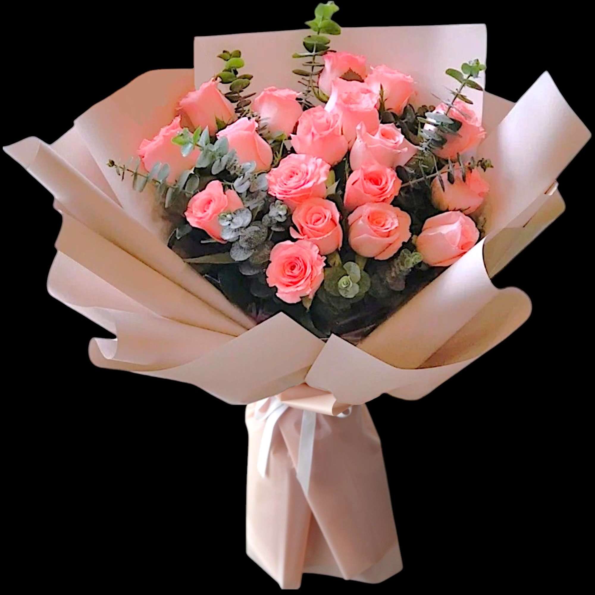 Bouquet of pink roses wrapped in pale paper, photo 3 of 4