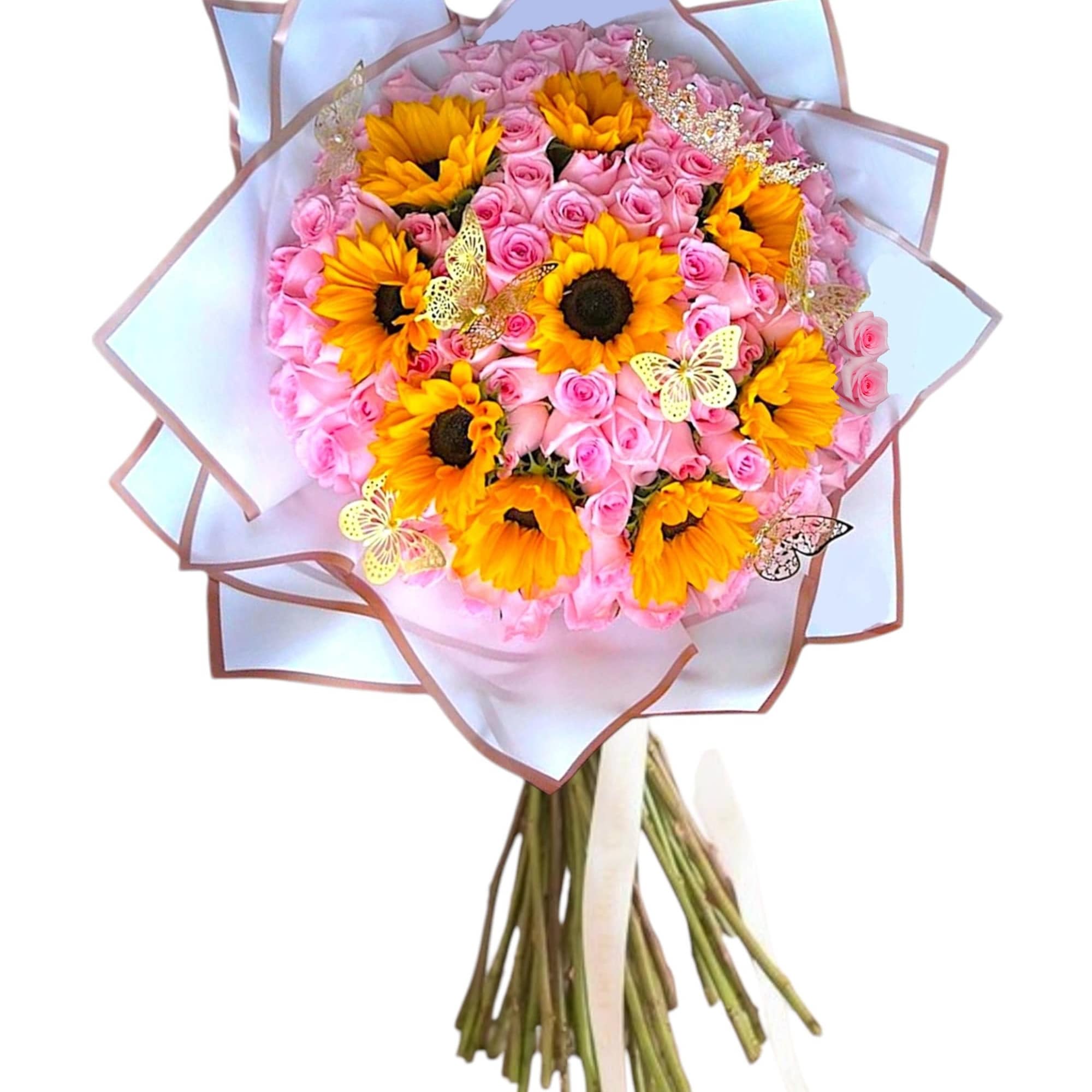 Surprise them with a beautiful bouquet of pink roses and yellow sunflowers