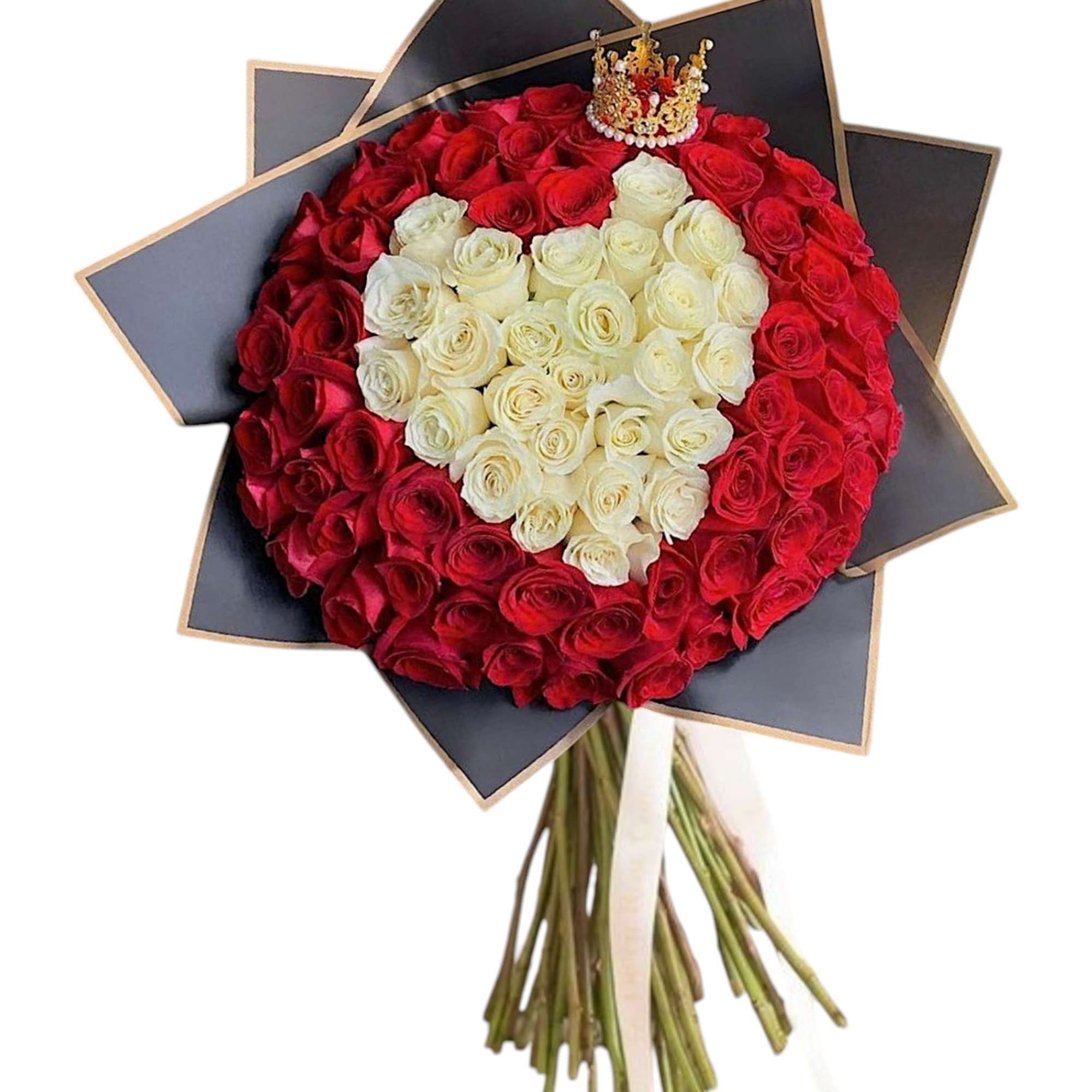 Red and white rose bouquet arranged in a heart shape with a small crown topper