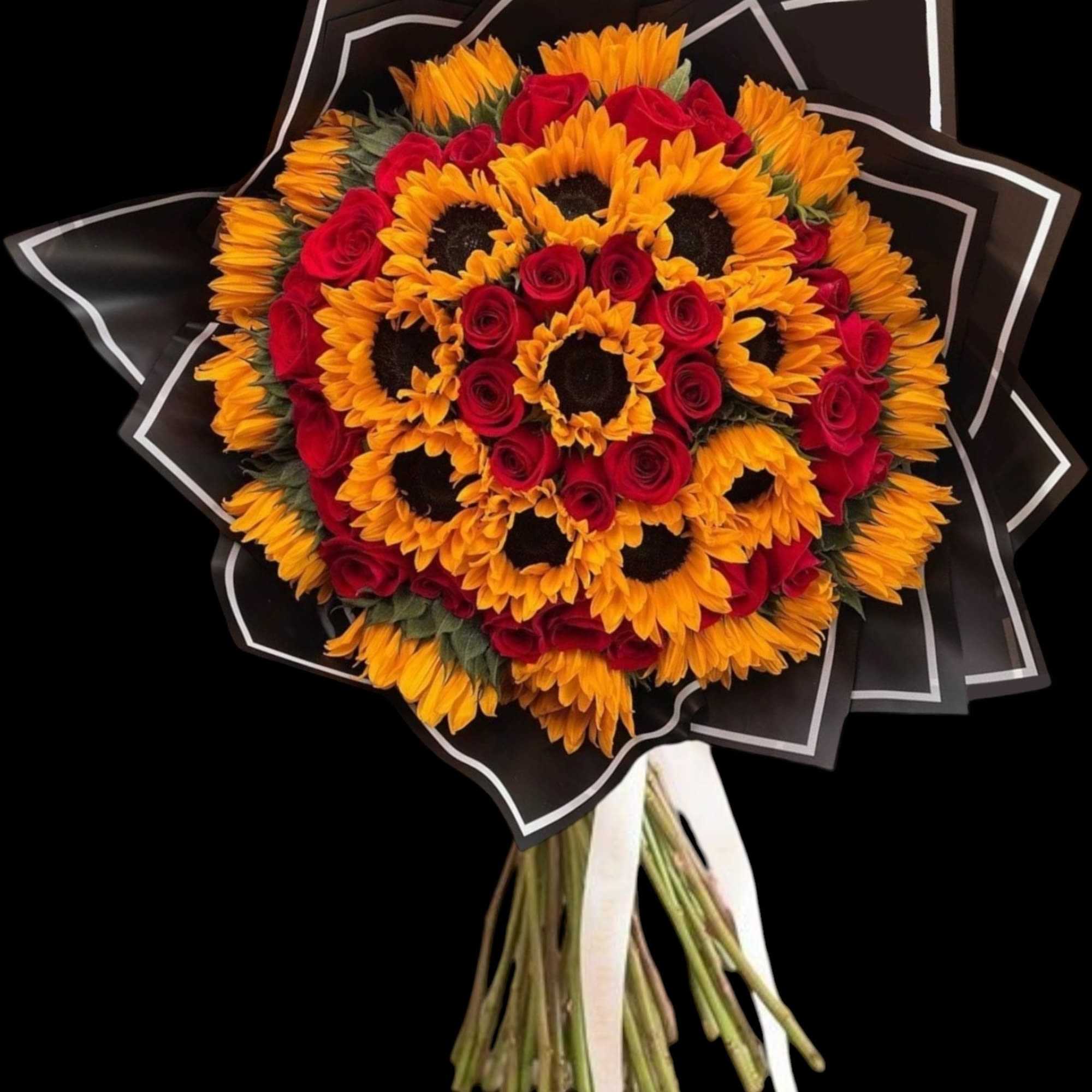 Bouquet of red roses and sunflowers wrapped in black paper