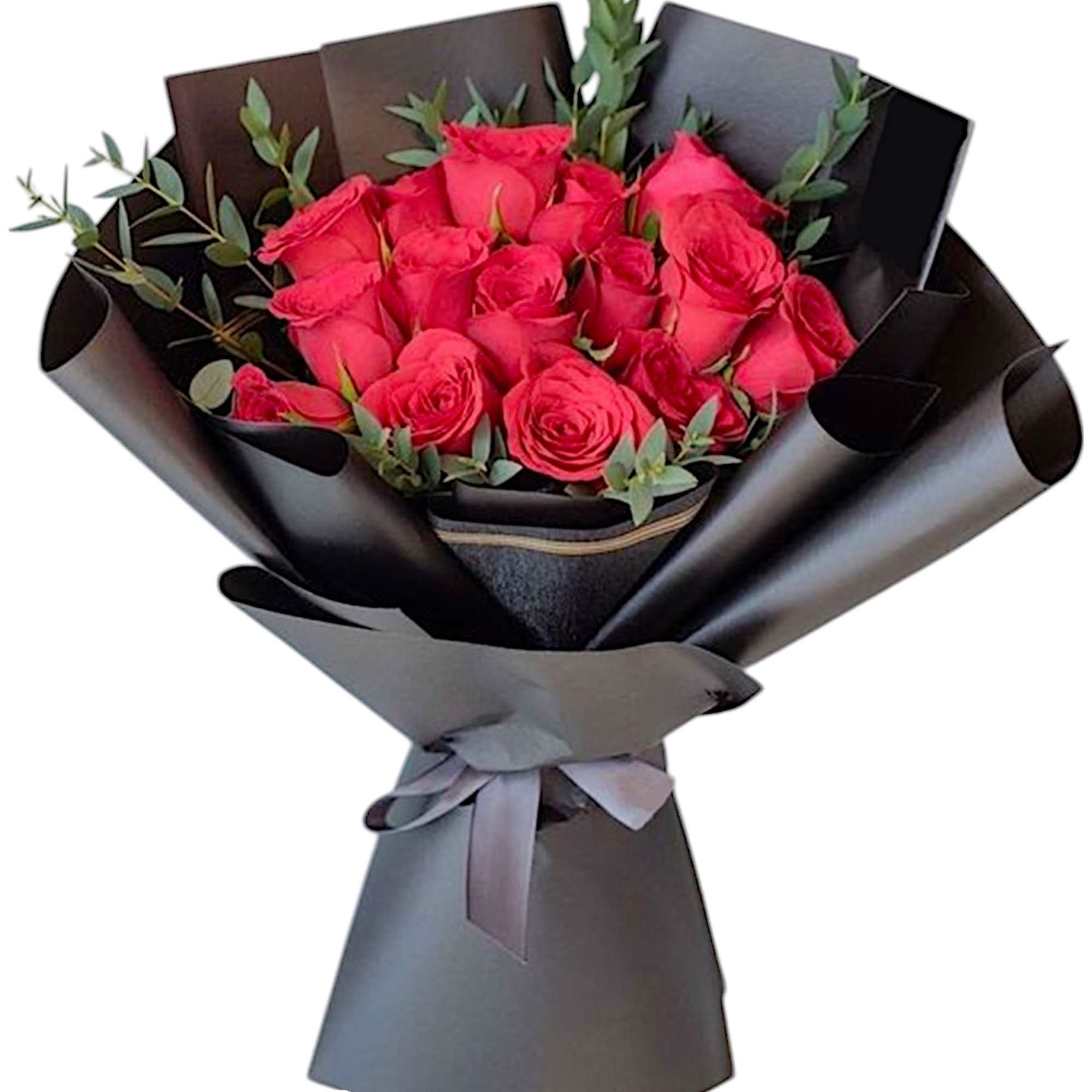 Bouquet of pink roses wrapped in black paper