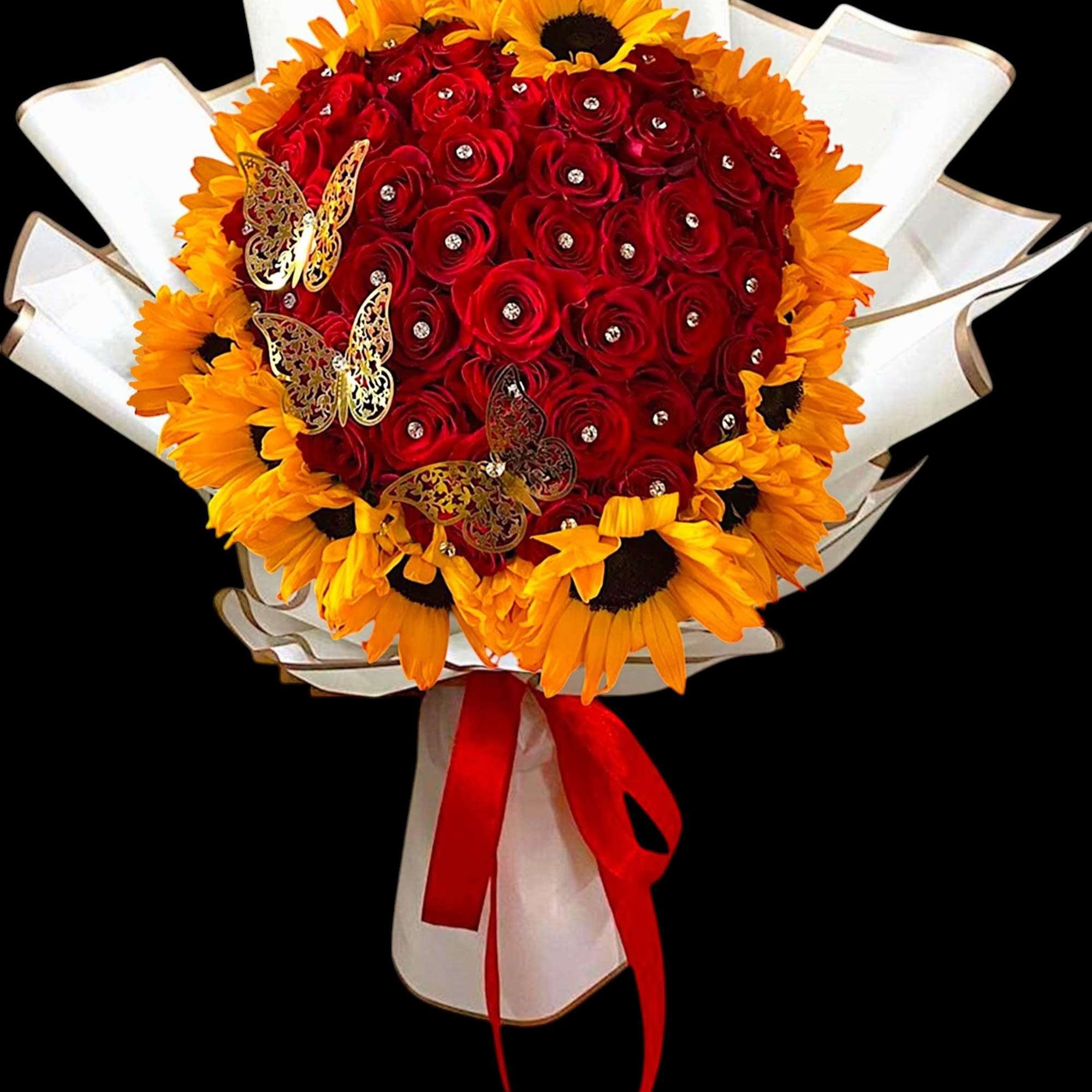 Bouquet of red roses and yellow sunflowers with a red ribbon, photo 3 of 4