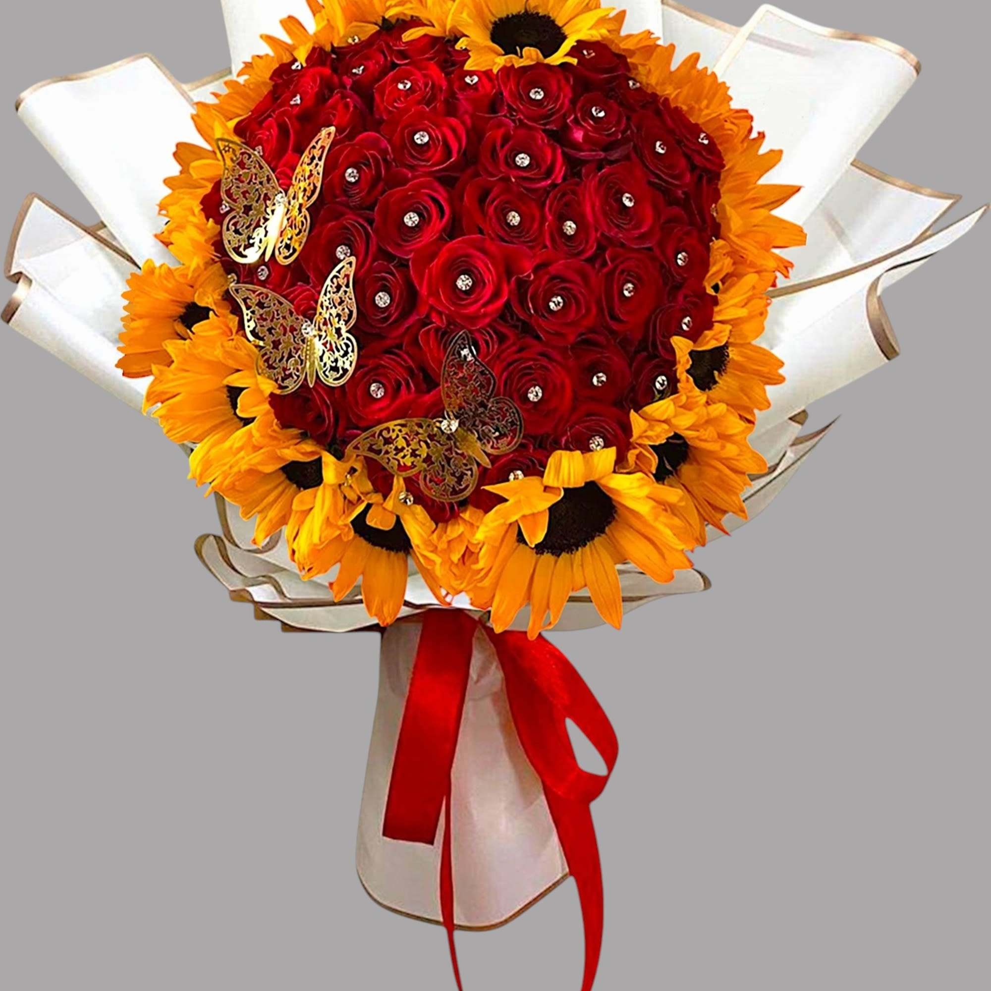 Bouquet of red roses and yellow sunflowers with a red ribbon, photo 4 of 4