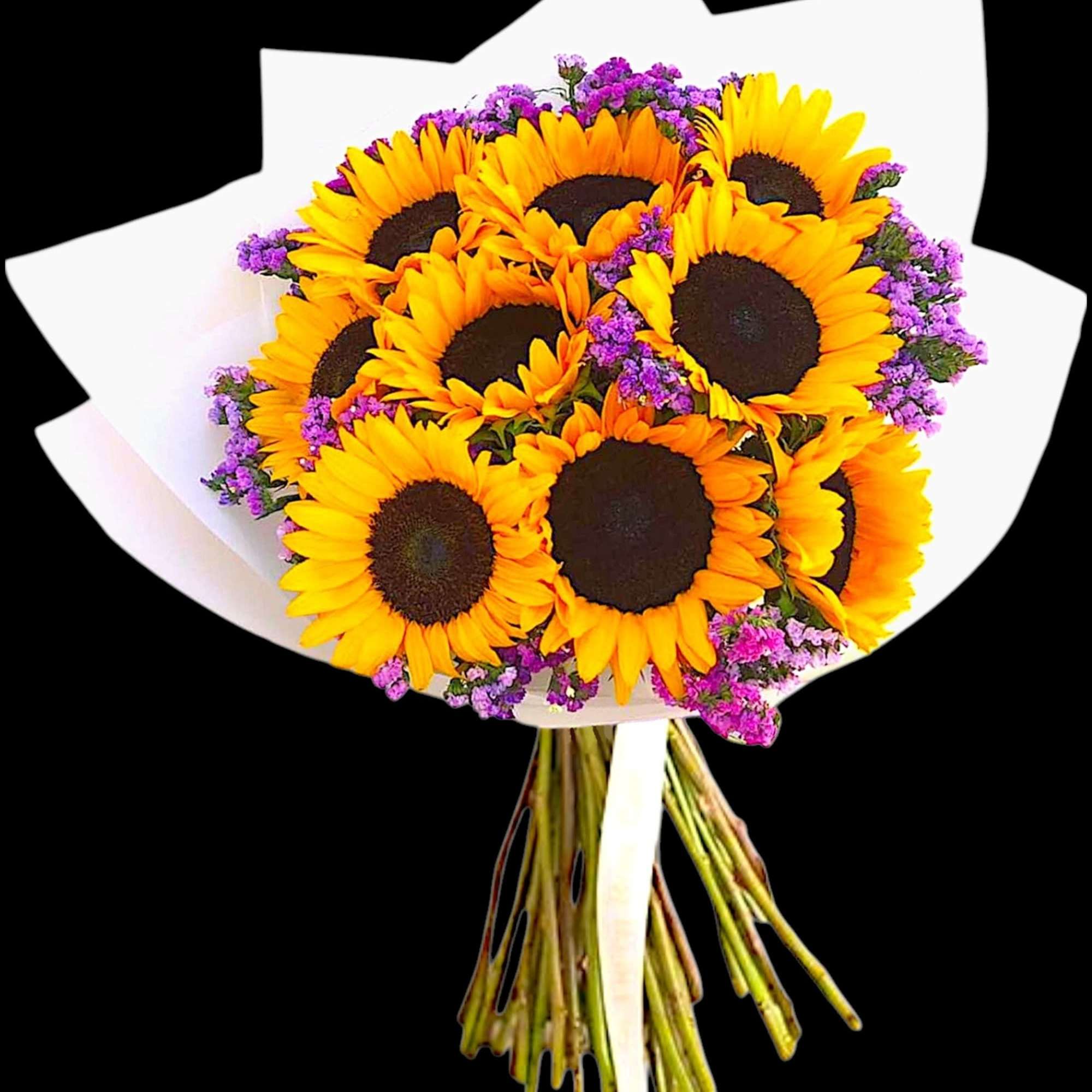 Bouquet of sunflowers with purple filler flowers wrapped in white paper, photo 3 of 4