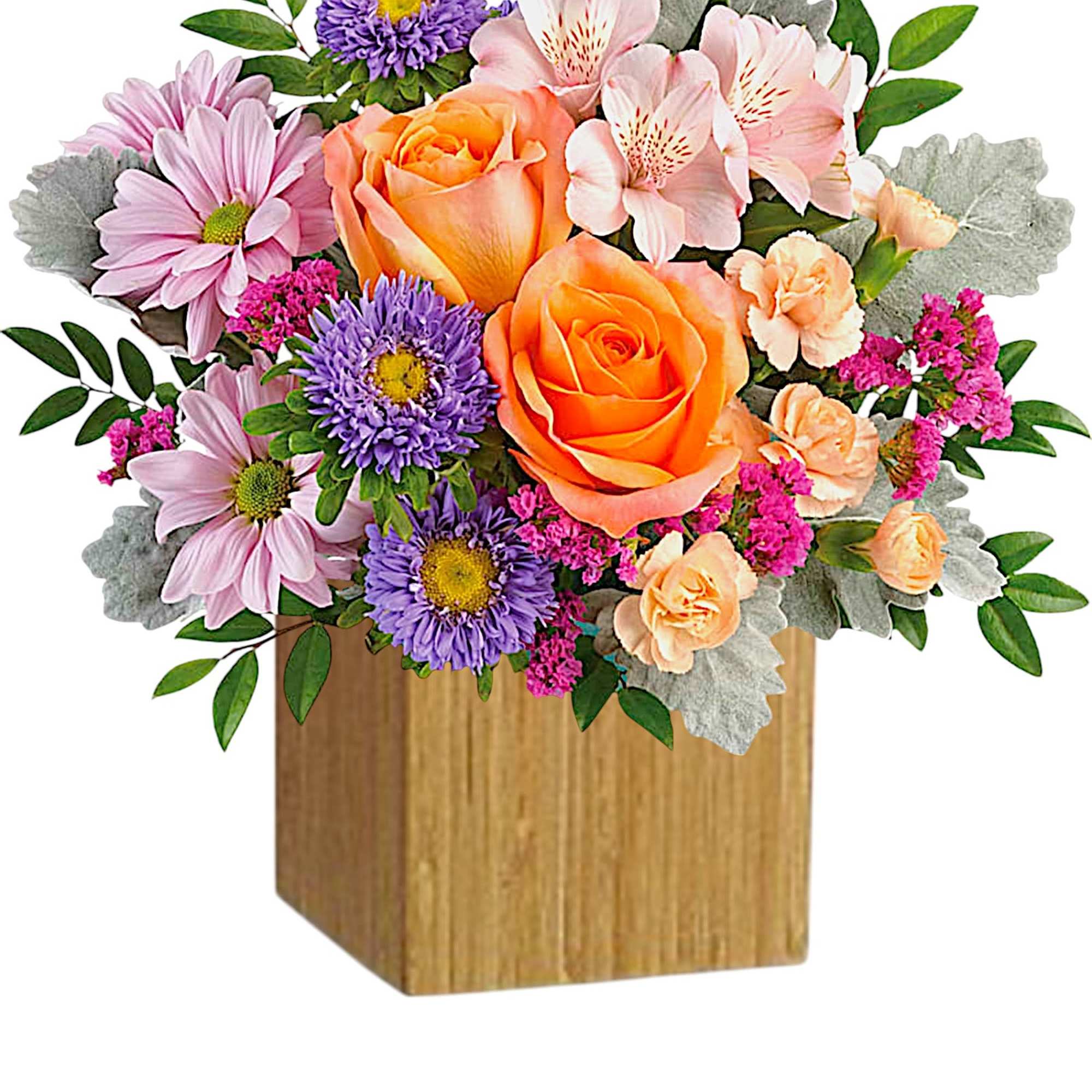 Mixed bouquet with orange roses, pink daisies, and purple asters in a wooden box