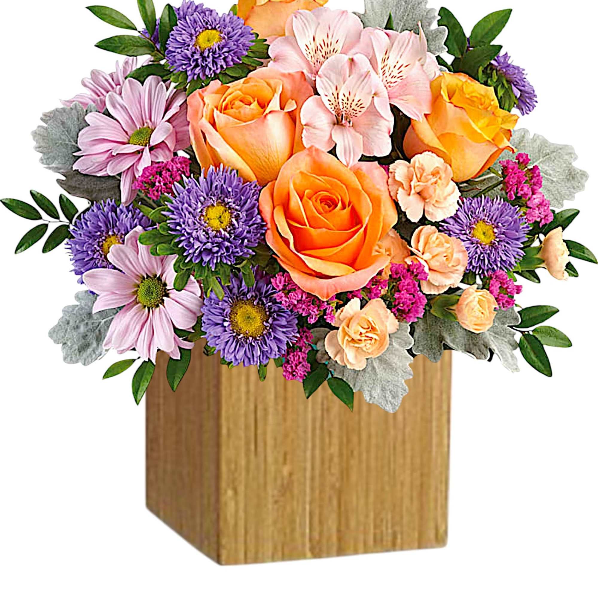 Mixed bouquet of orange roses, pink alstroemeria, and purple daisies in a wooden box