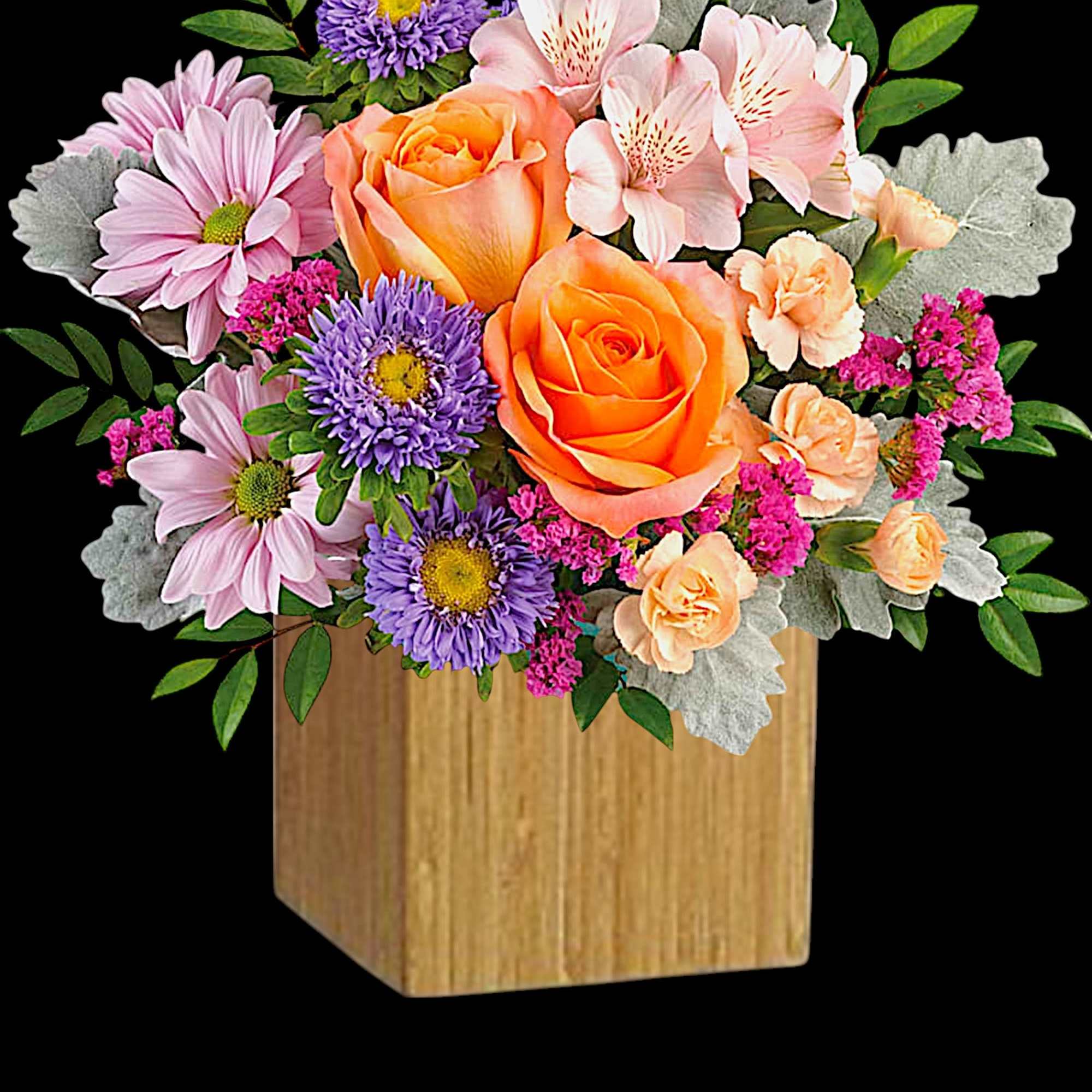 Mixed bouquet with orange roses, pink daisies, and purple flowers in a wooden vase