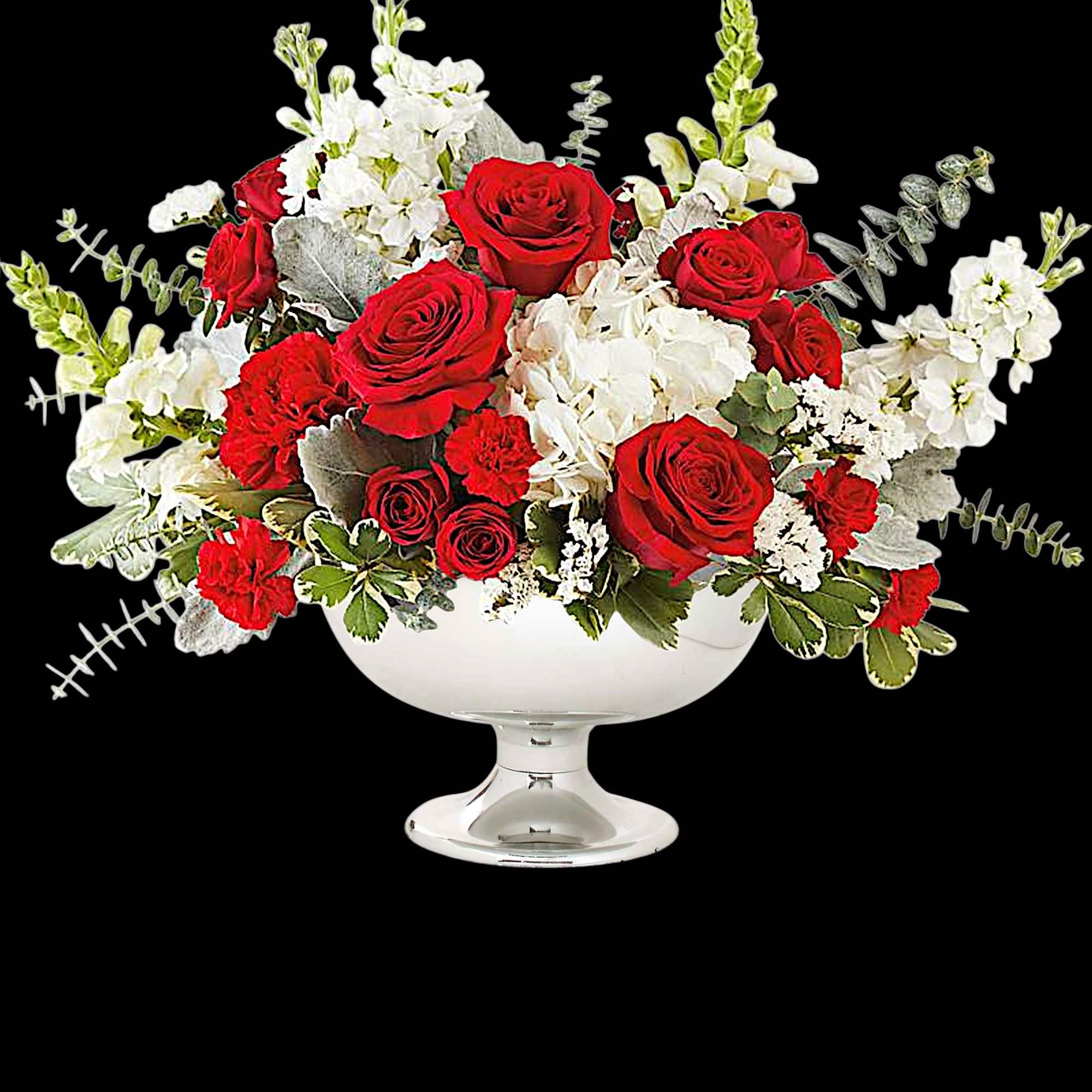 Red roses and white flowers arranged in a white pedestal vase, photo 3 of 4