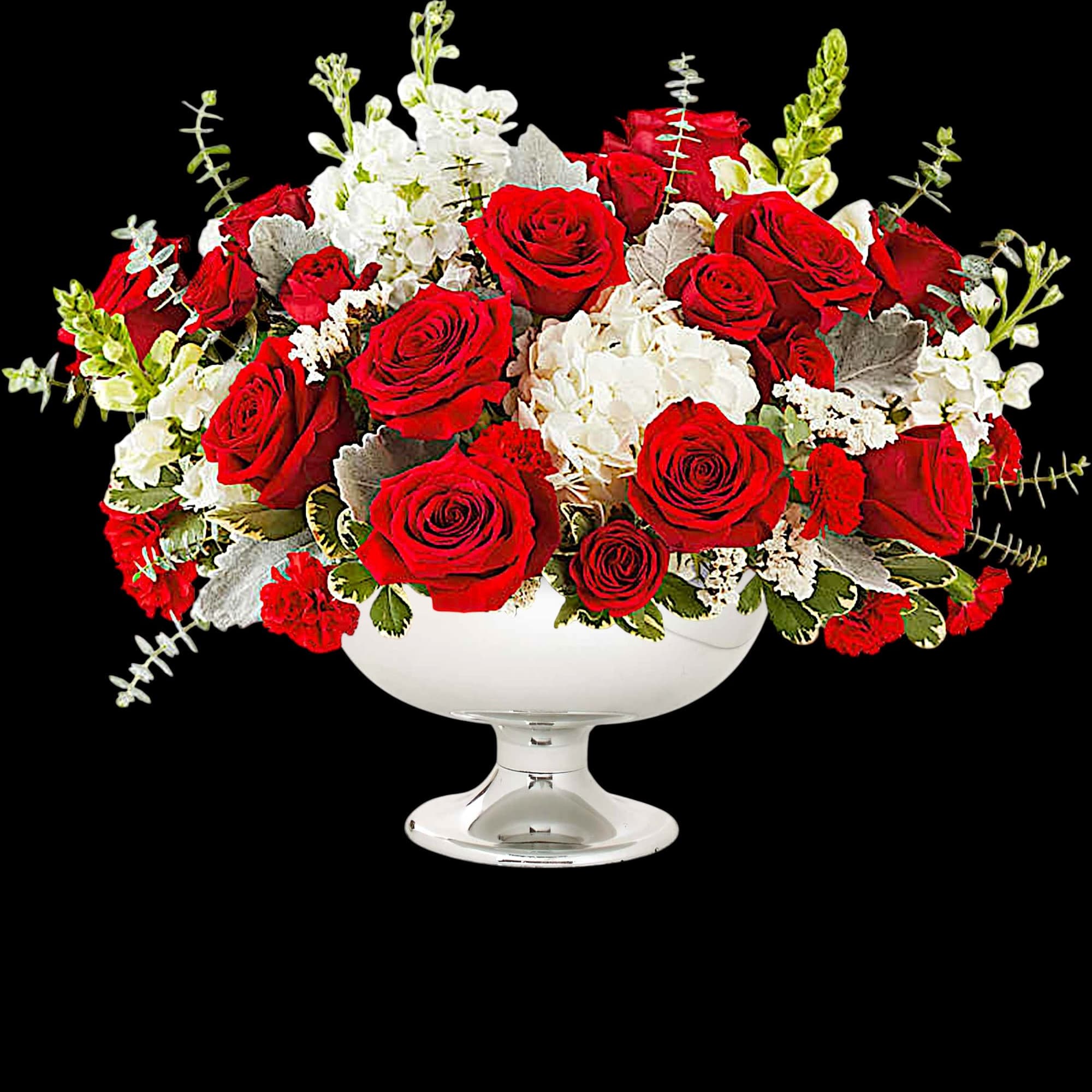 Red roses and white flowers arranged in a white pedestal vase, photo 3 of 4