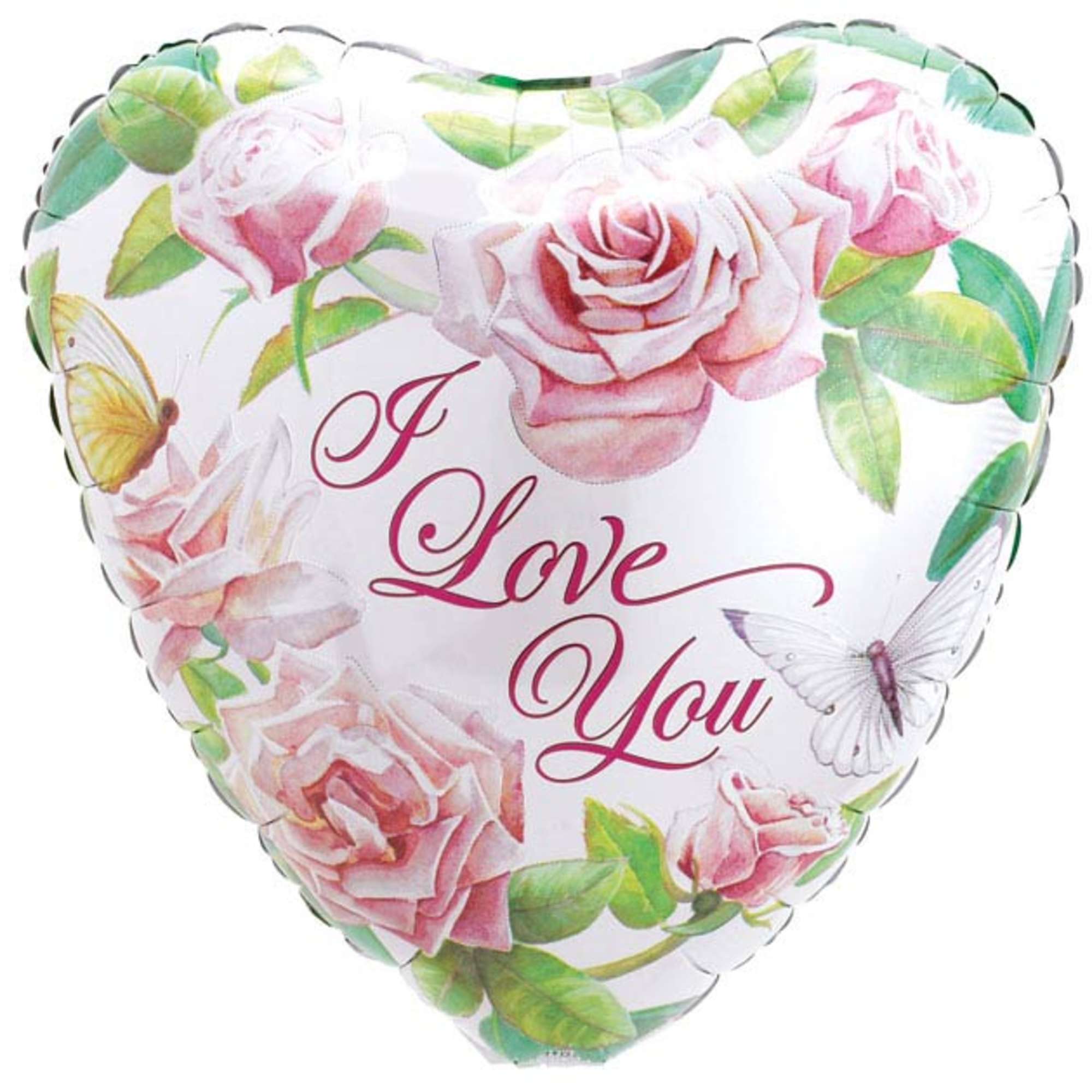 Heart-shaped balloon with pink roses and the words I Love You