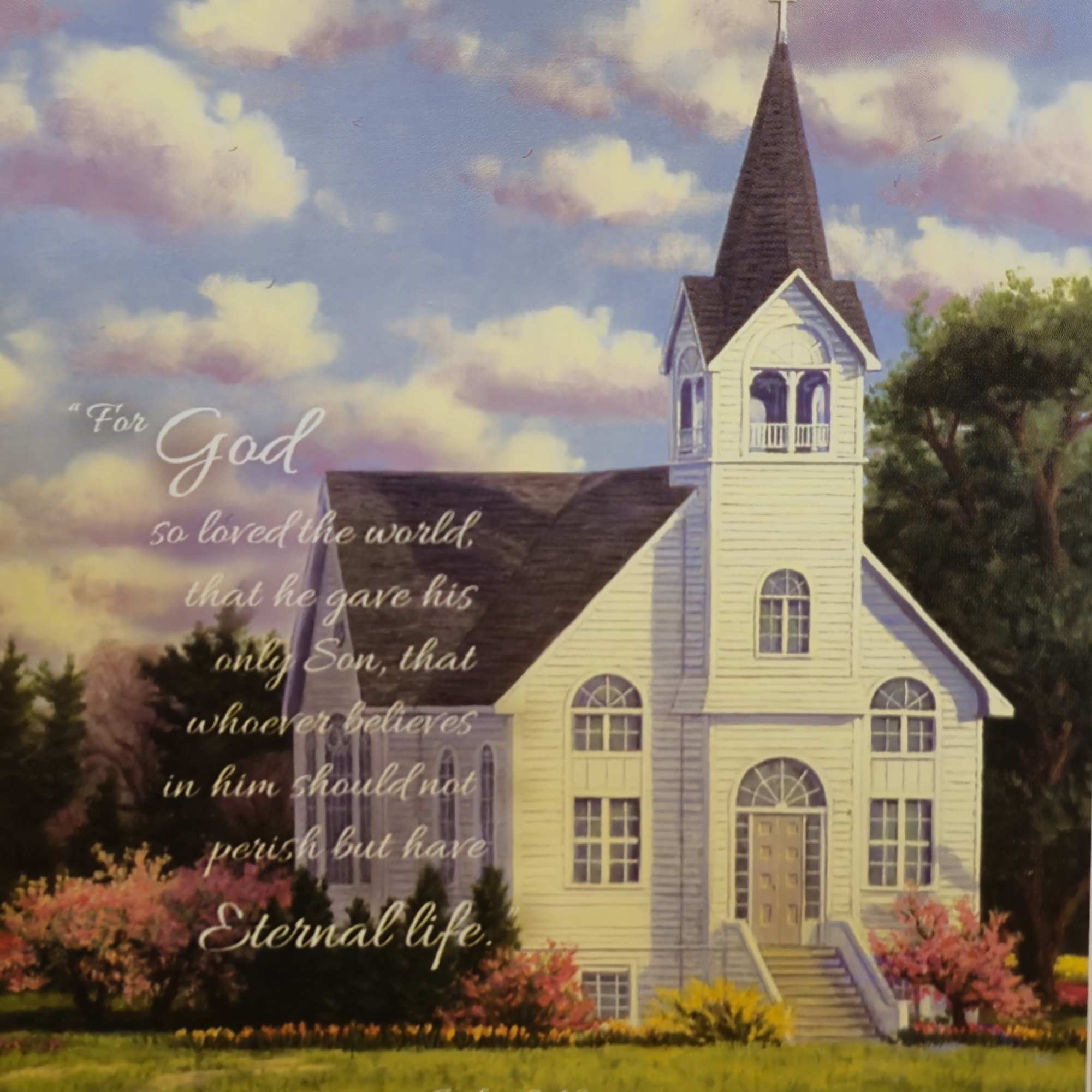 A church building under a cloudy sky with a Bible verse overlaid.