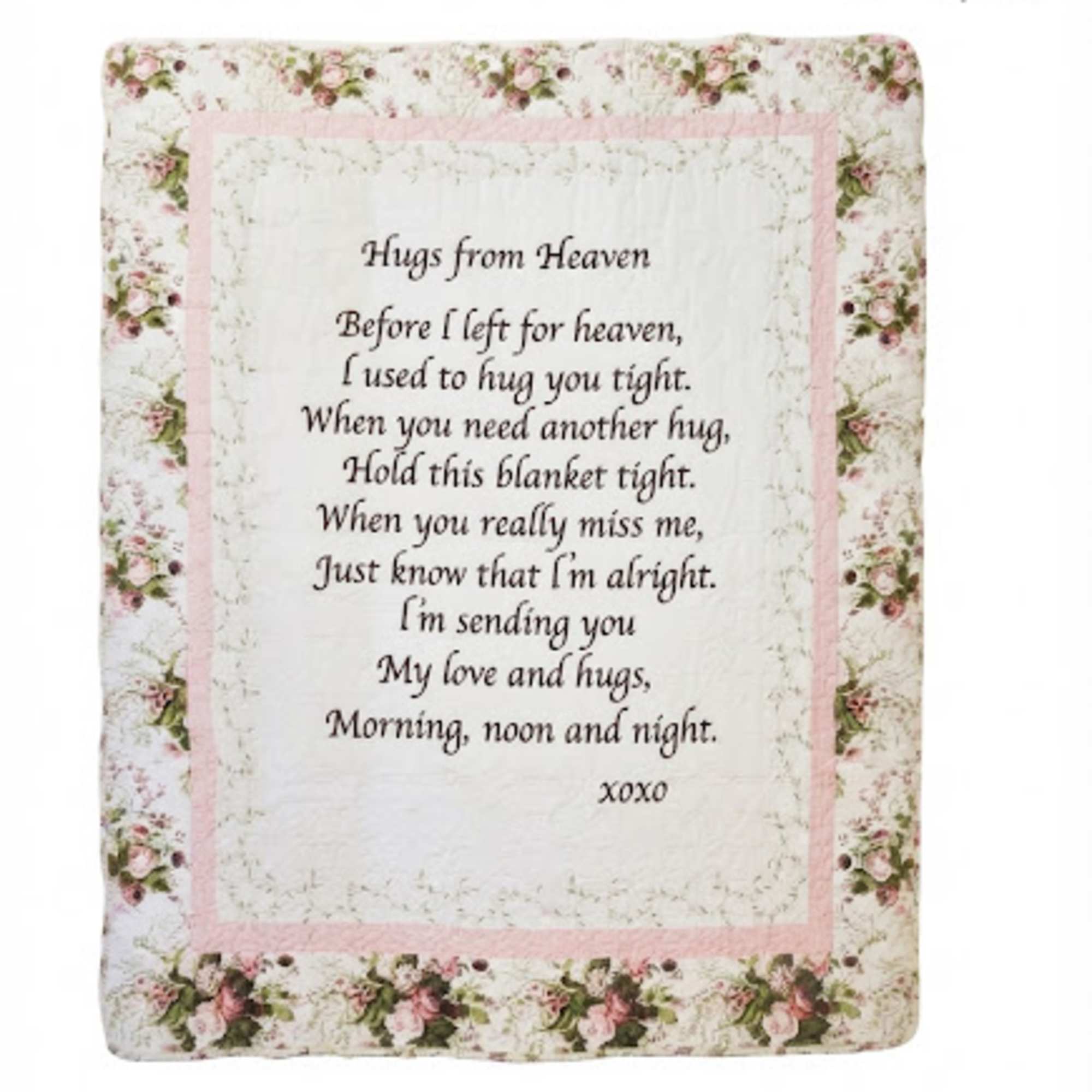 Floral memorial blanket with a printed poem and pink border