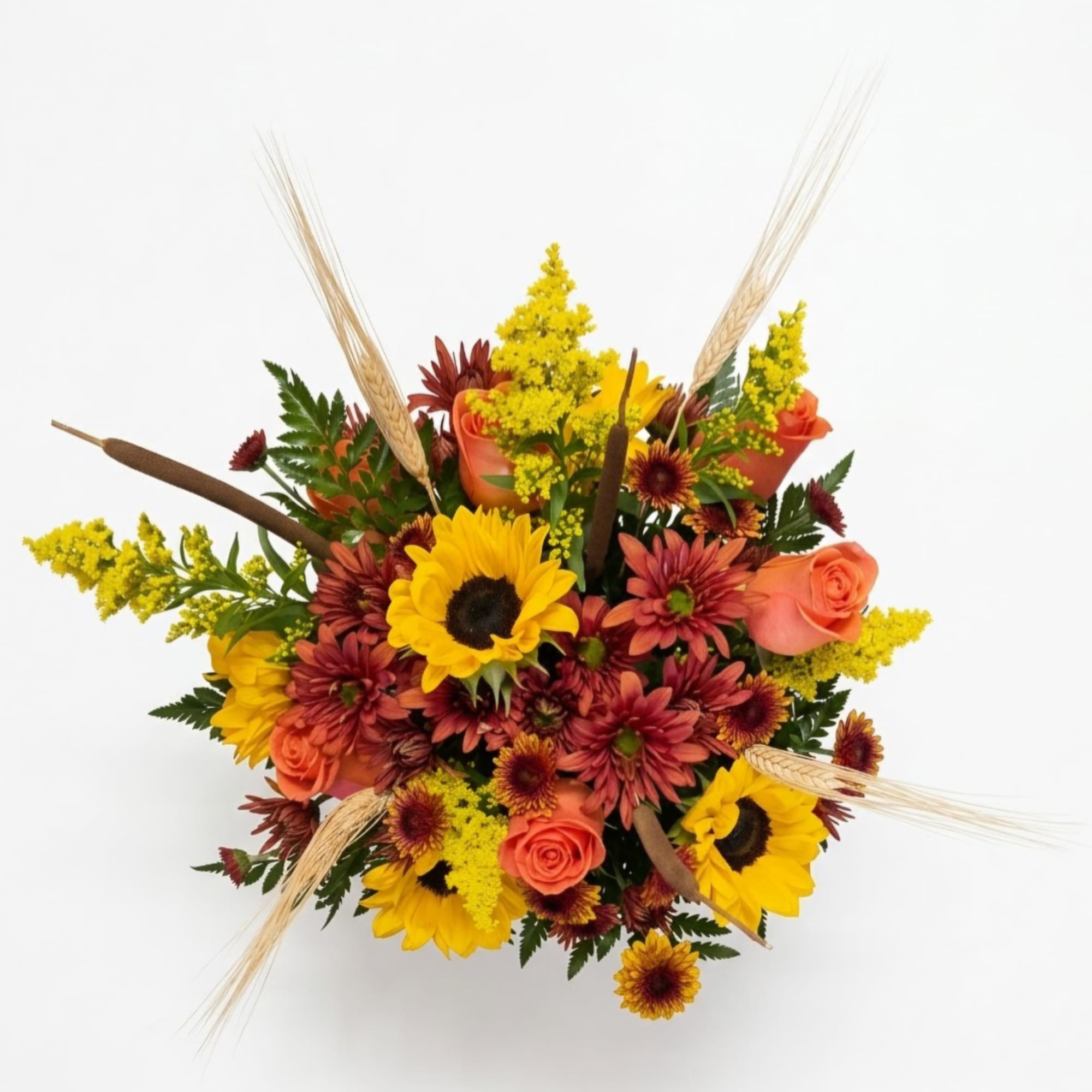 Bouquet of sunflowers, orange roses, and burgundy mums with wheat accents