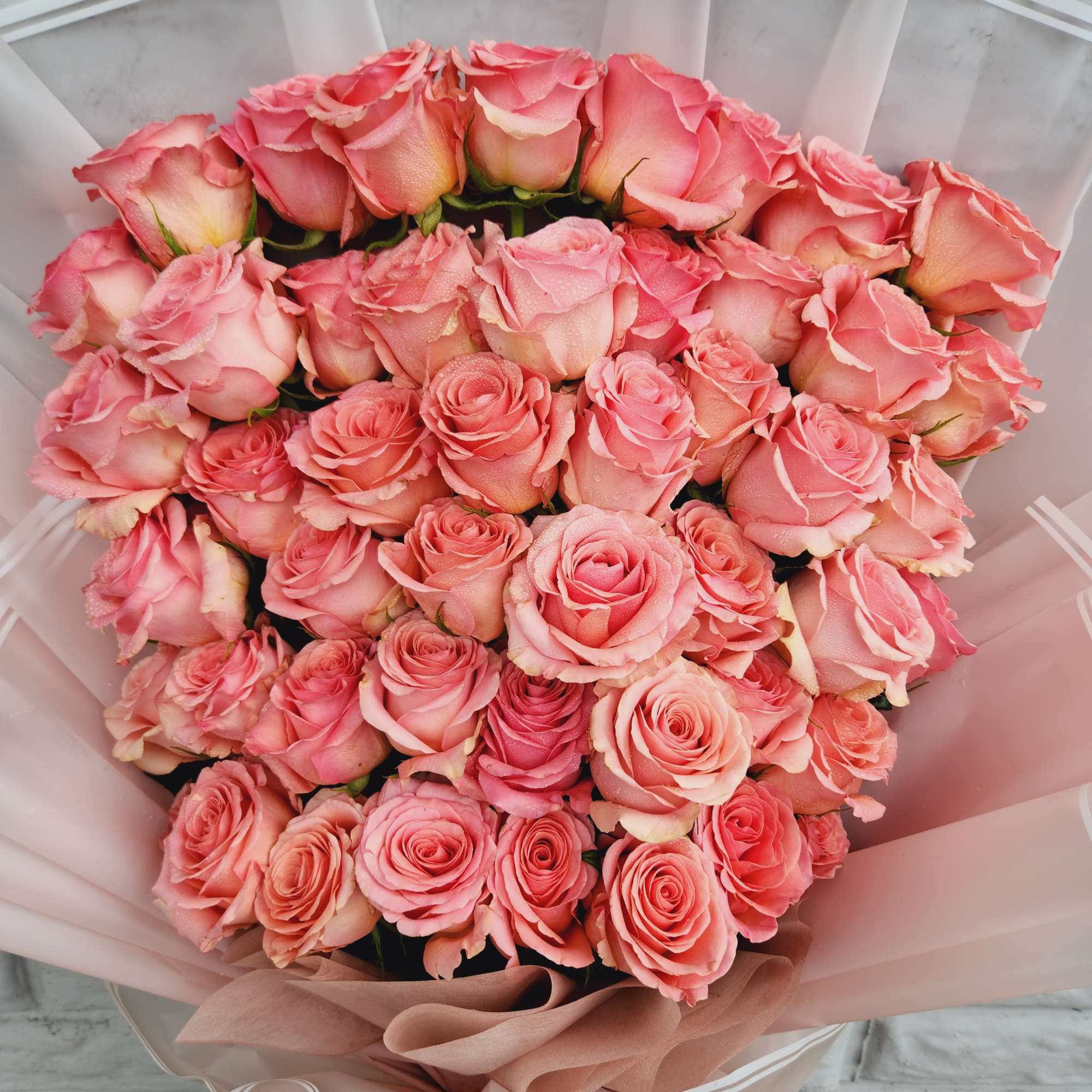 Bouquet of pink roses wrapped in pale pink paper