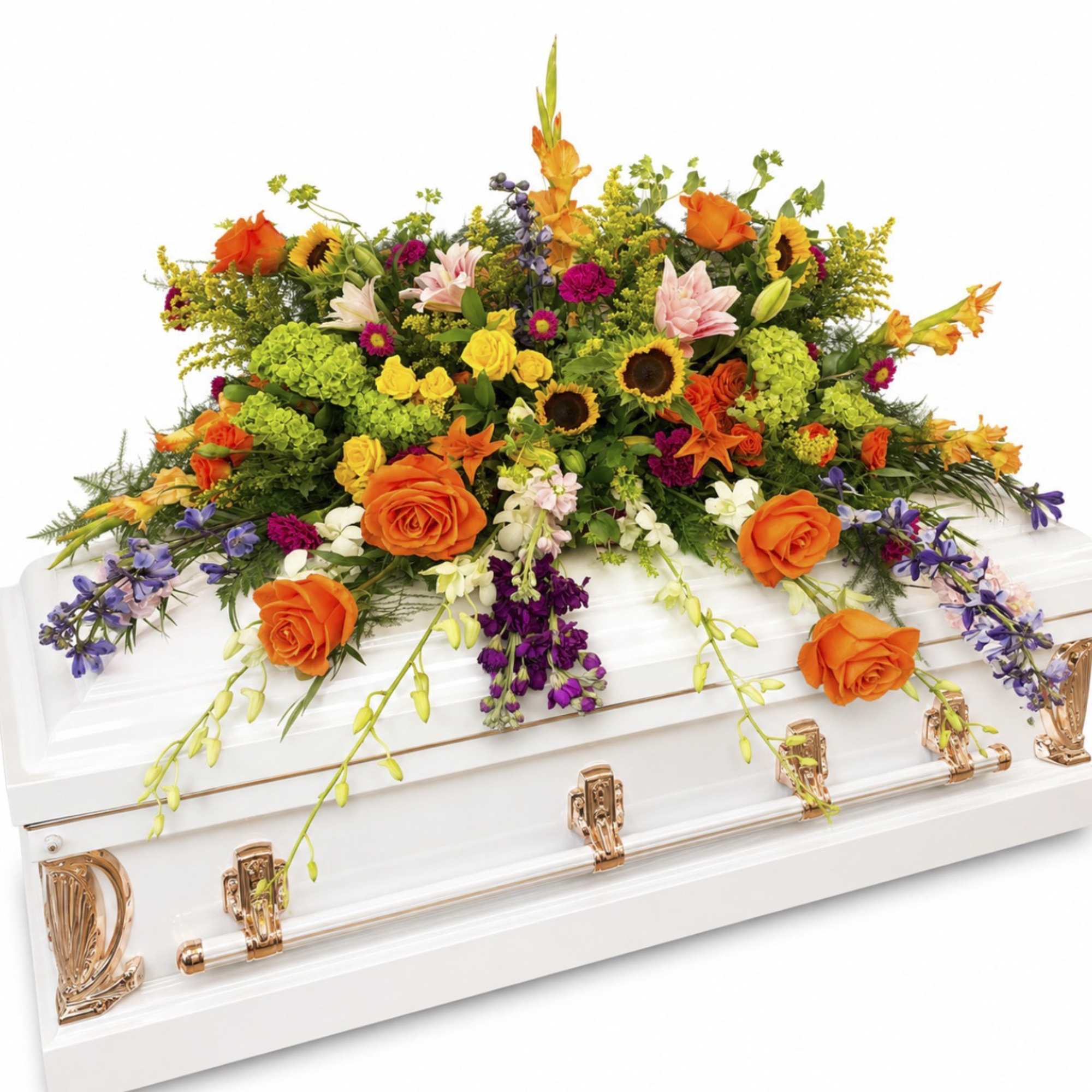 Colorful flower spray on a white casket