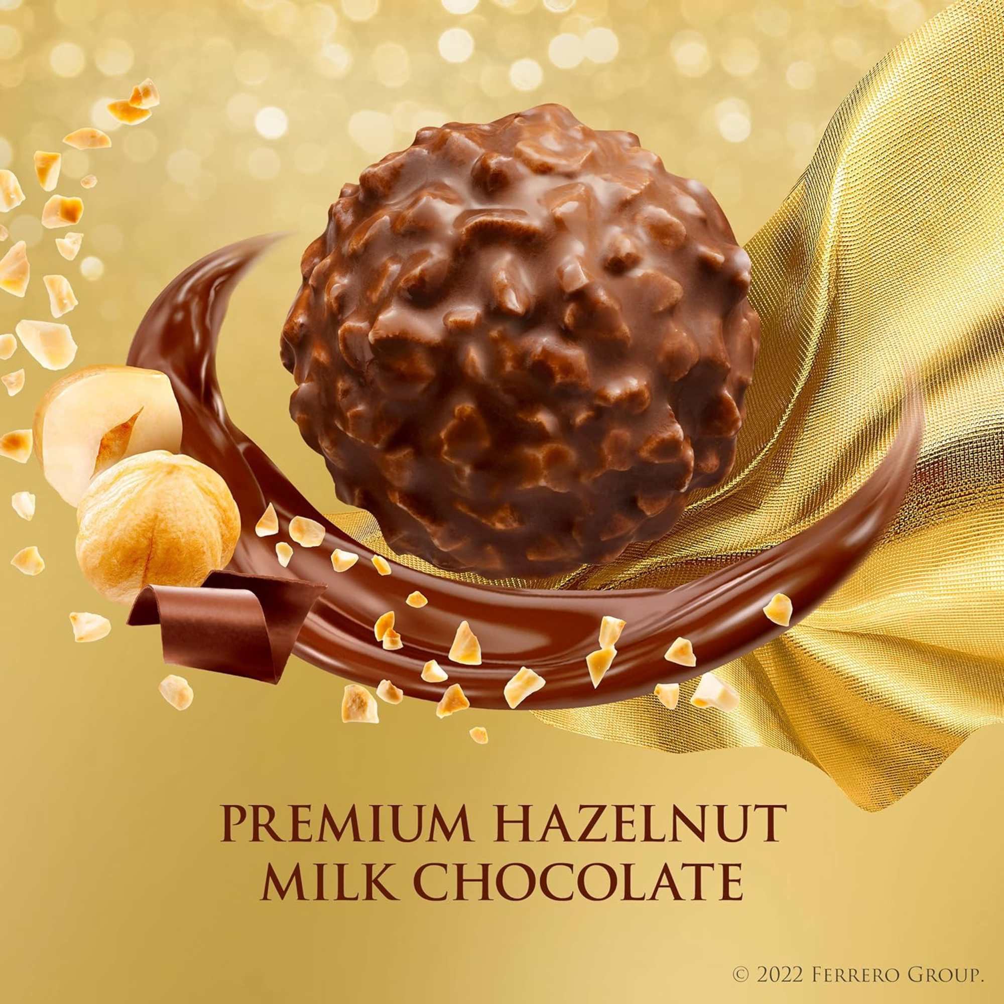 Hazelnut chocolate candy with hazelnuts on a gold background