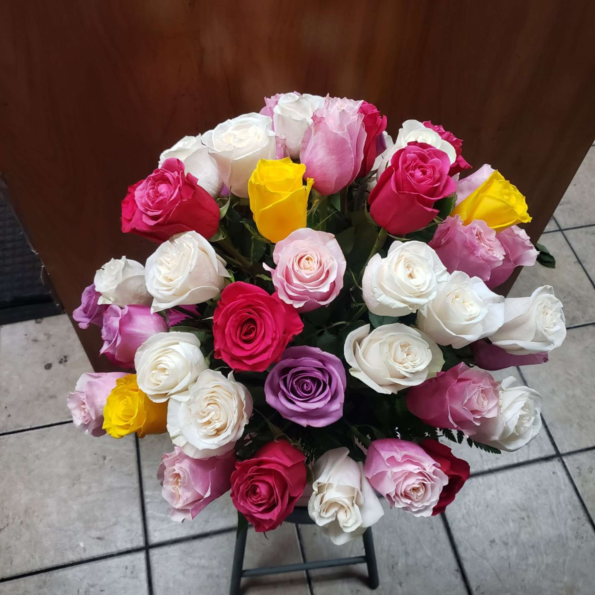 Bouquet of multicolored roses in pink, white, yellow, and purple, photo 2 of 4