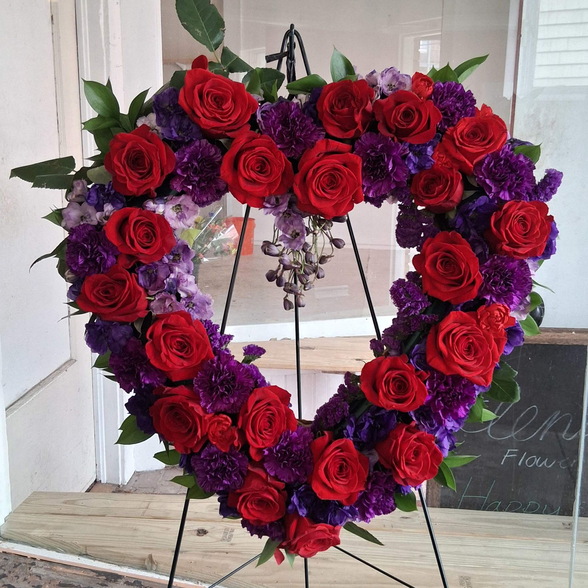 Purple Heart&rdquo; is a beautifully crafted heart‑shaped wreath featuring a dramatic blend, photo 3 of 3