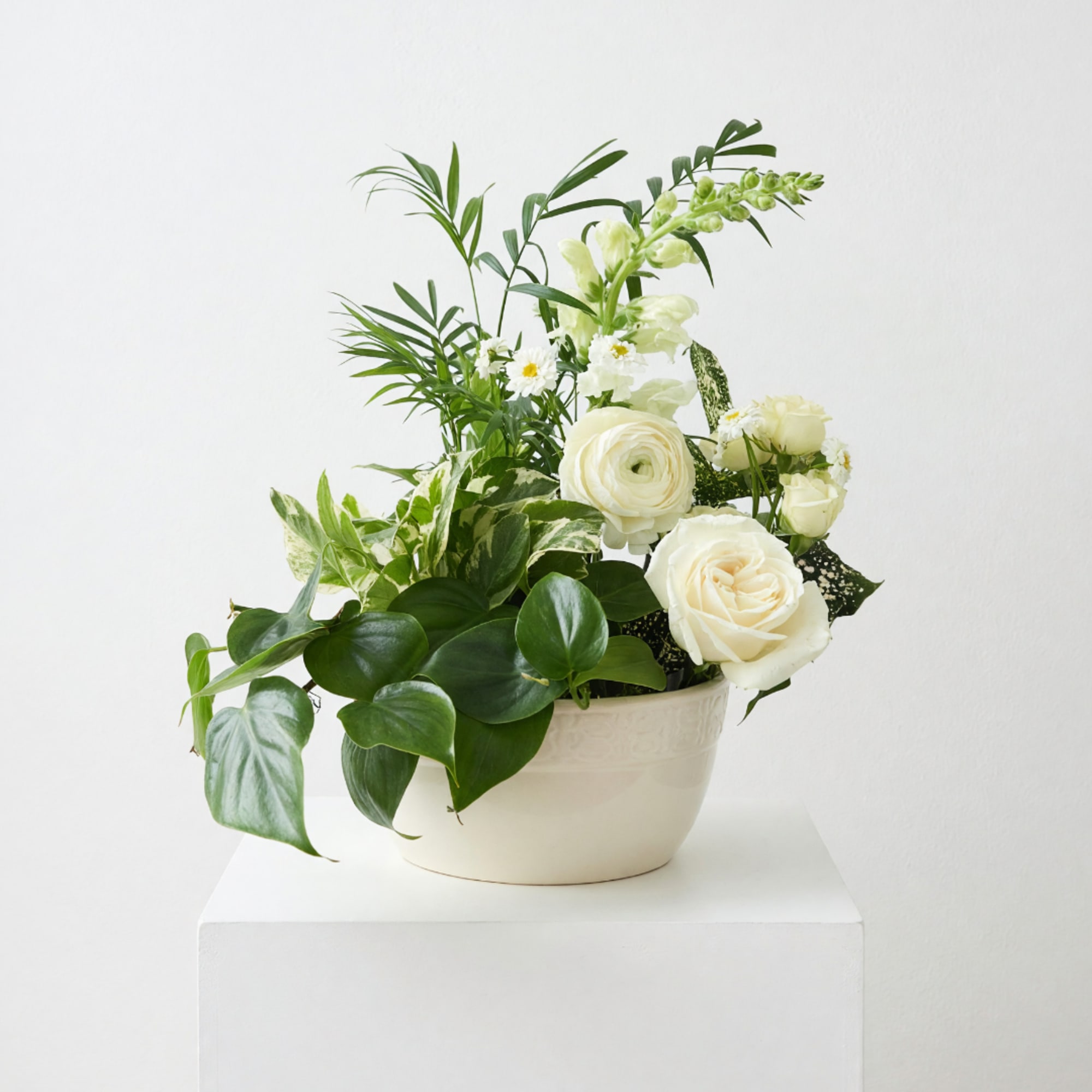 White roses and mixed greenery arranged in a cream bowl vase