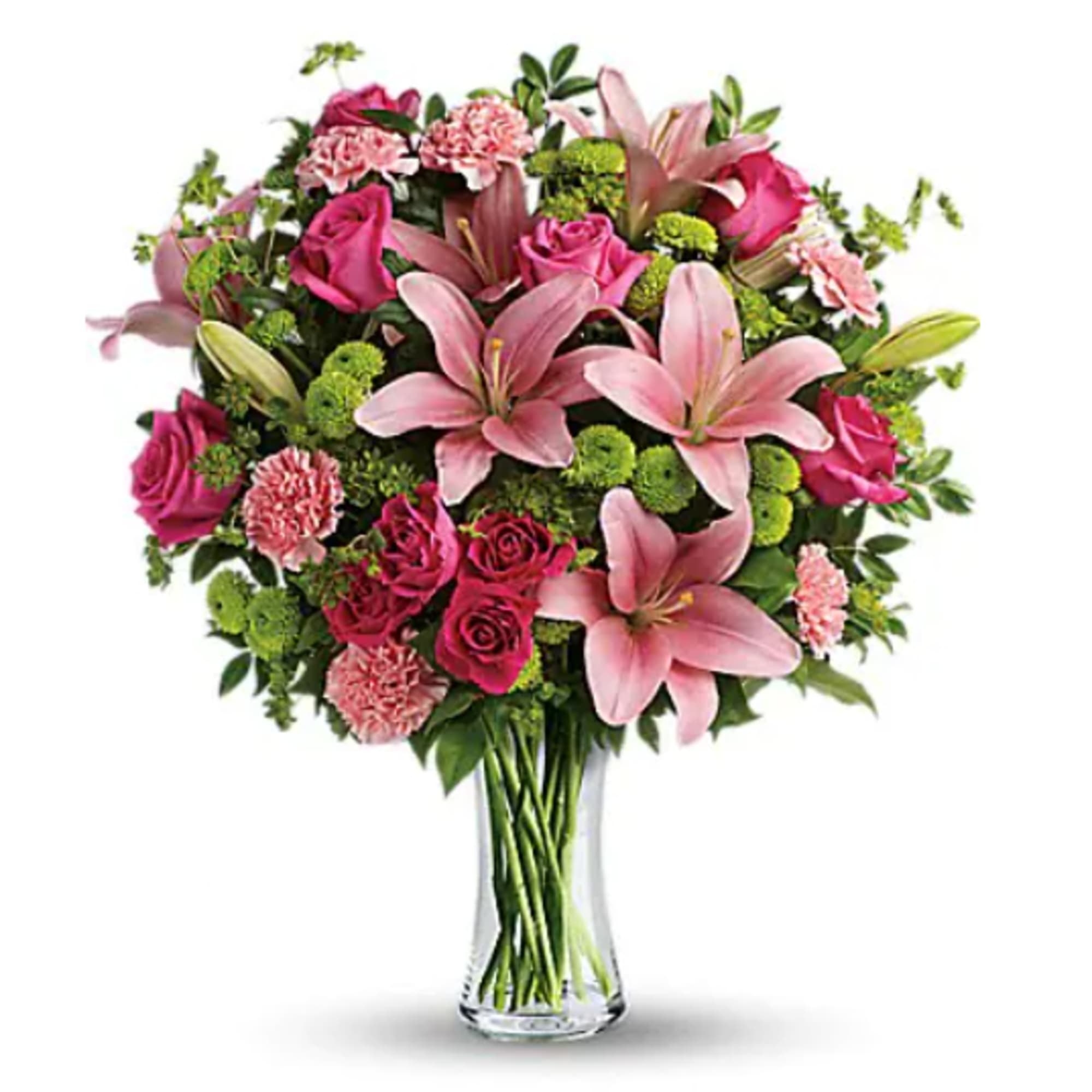 Pink lilies and roses in a clear glass vase