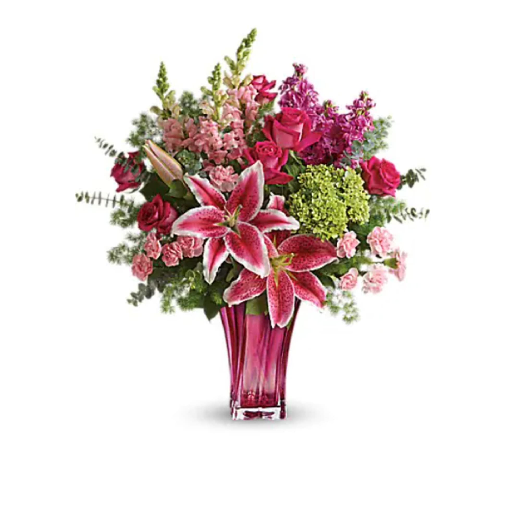 Pink lilies and roses arranged in a magenta vase