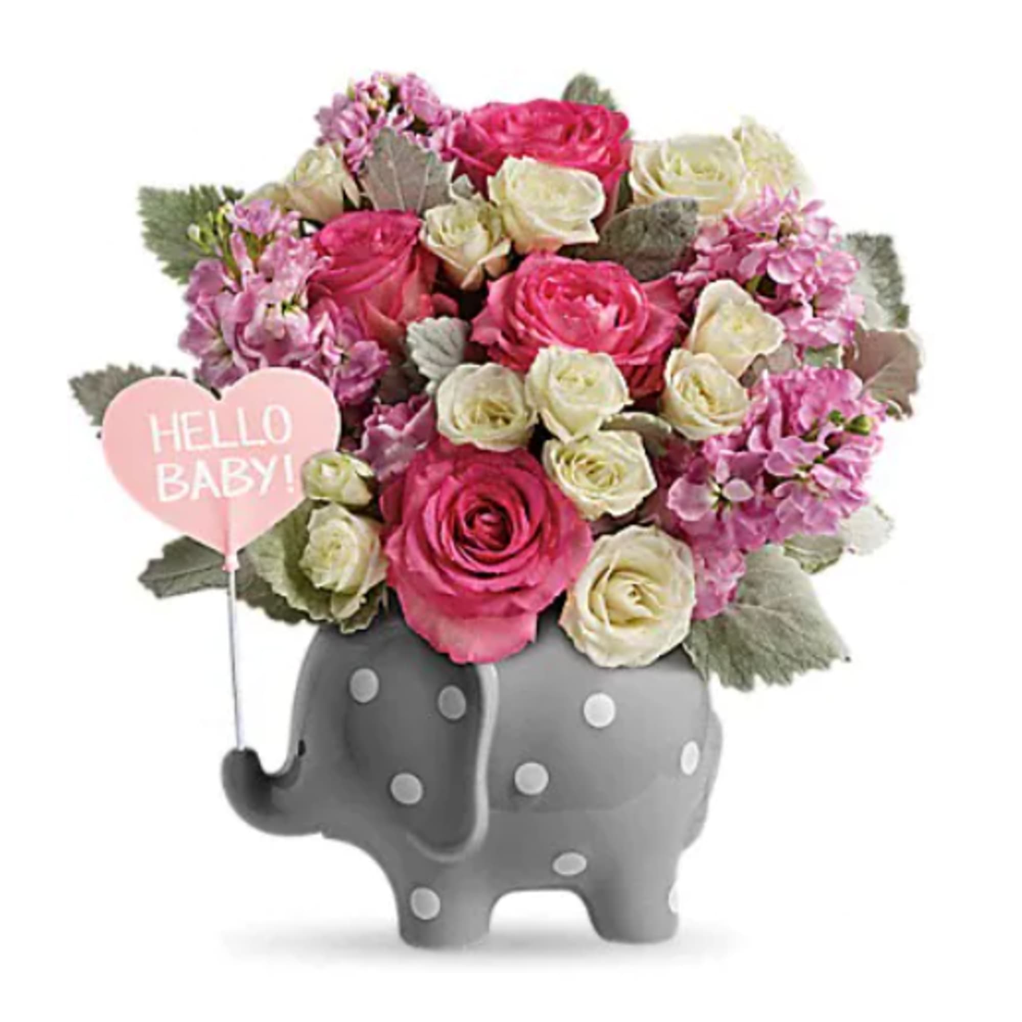 Pink and white rose bouquet in a gray elephant vase with a baby sign
