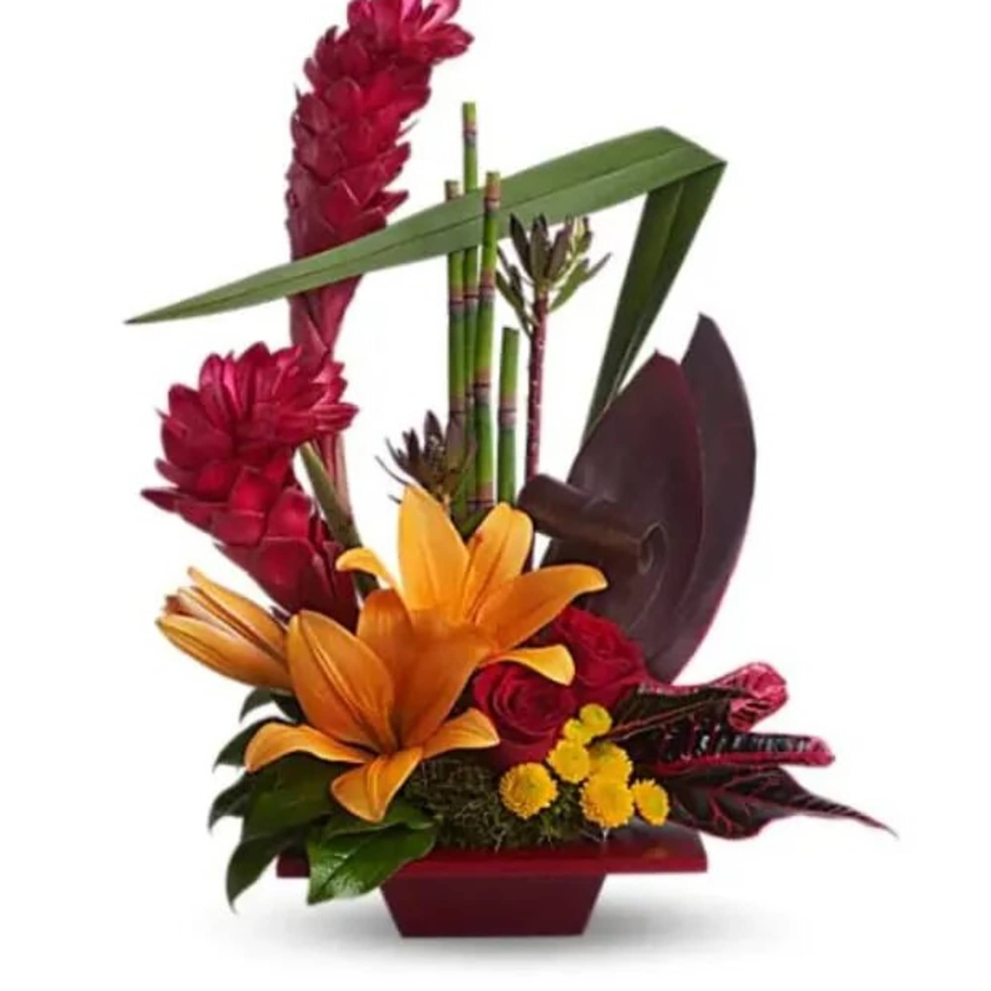 Tropical flower arrangement with orange lilies and red blooms in a red container