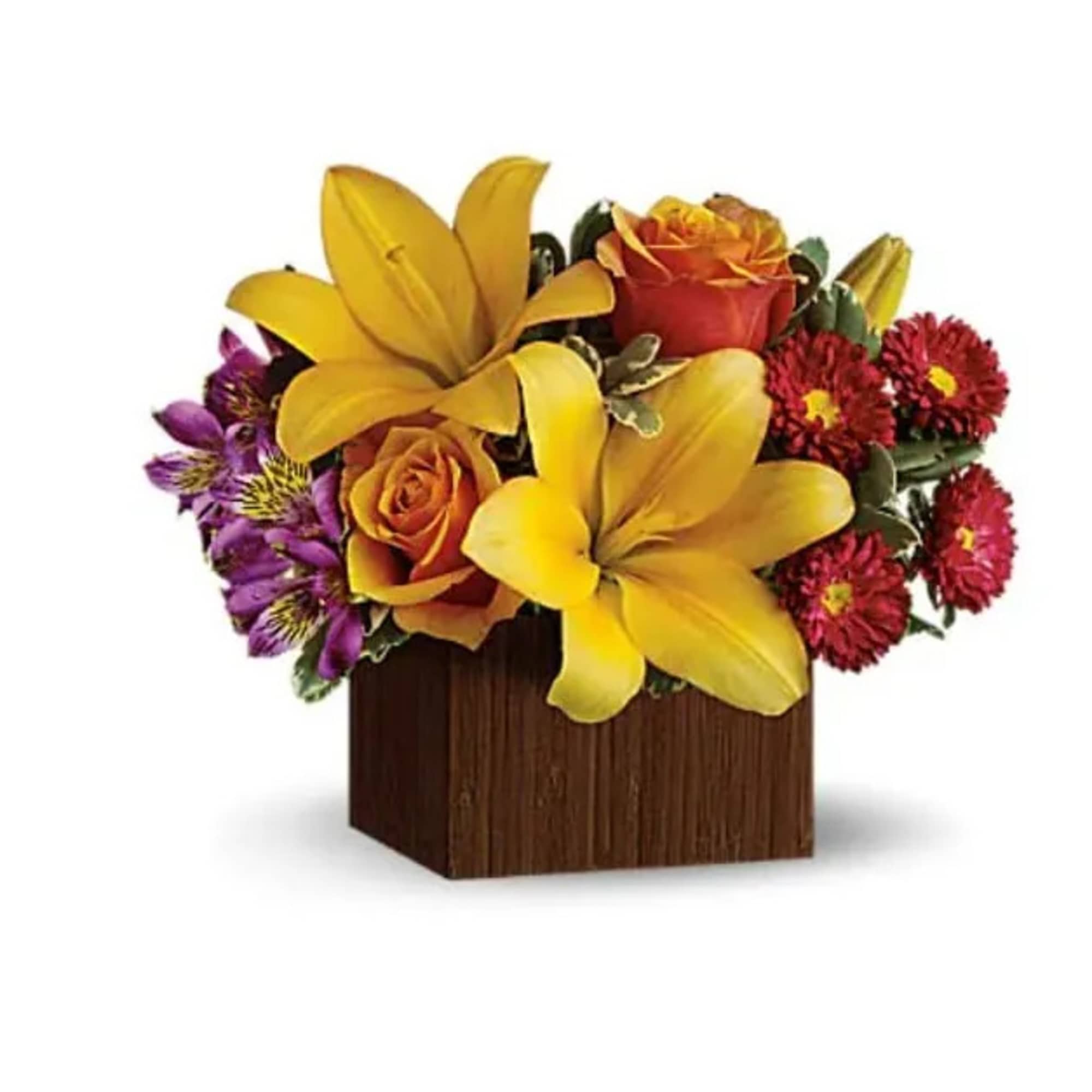 Arranged in a modern bamboo box, this stylish bouquet evokes the warm-hearted
