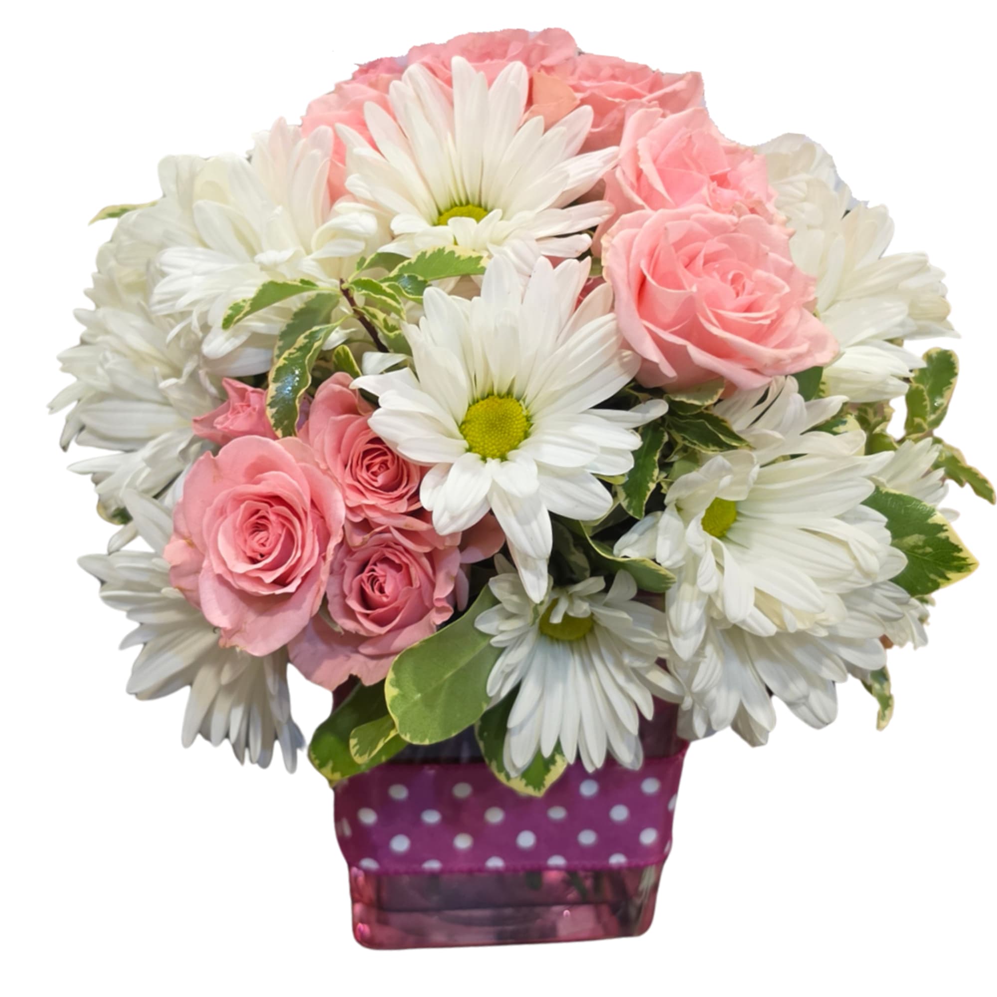 Pink roses and white daisies in a purple polka-dot vase