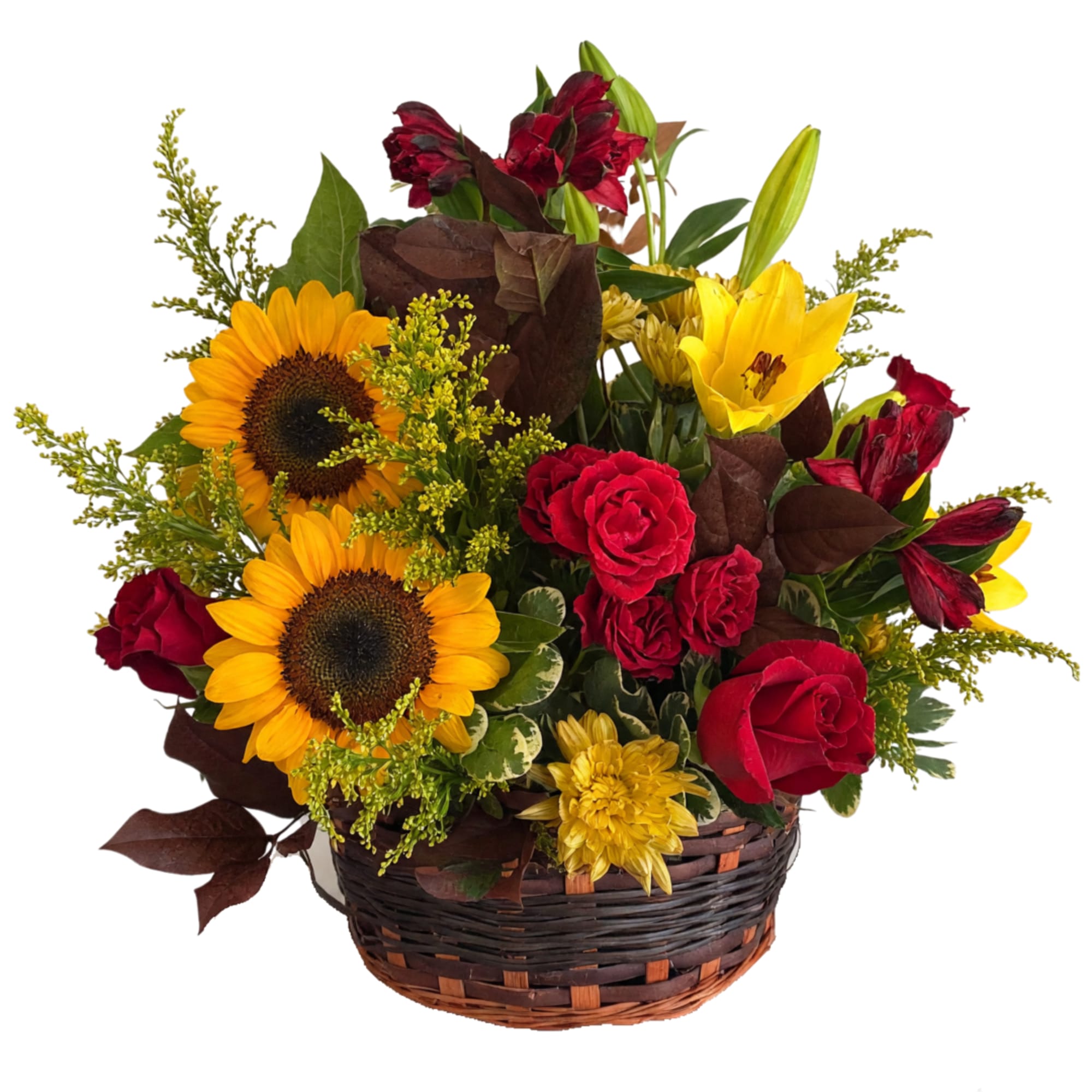Basket arrangement with sunflowers, red roses, yellow lilies, and red alstroemeria