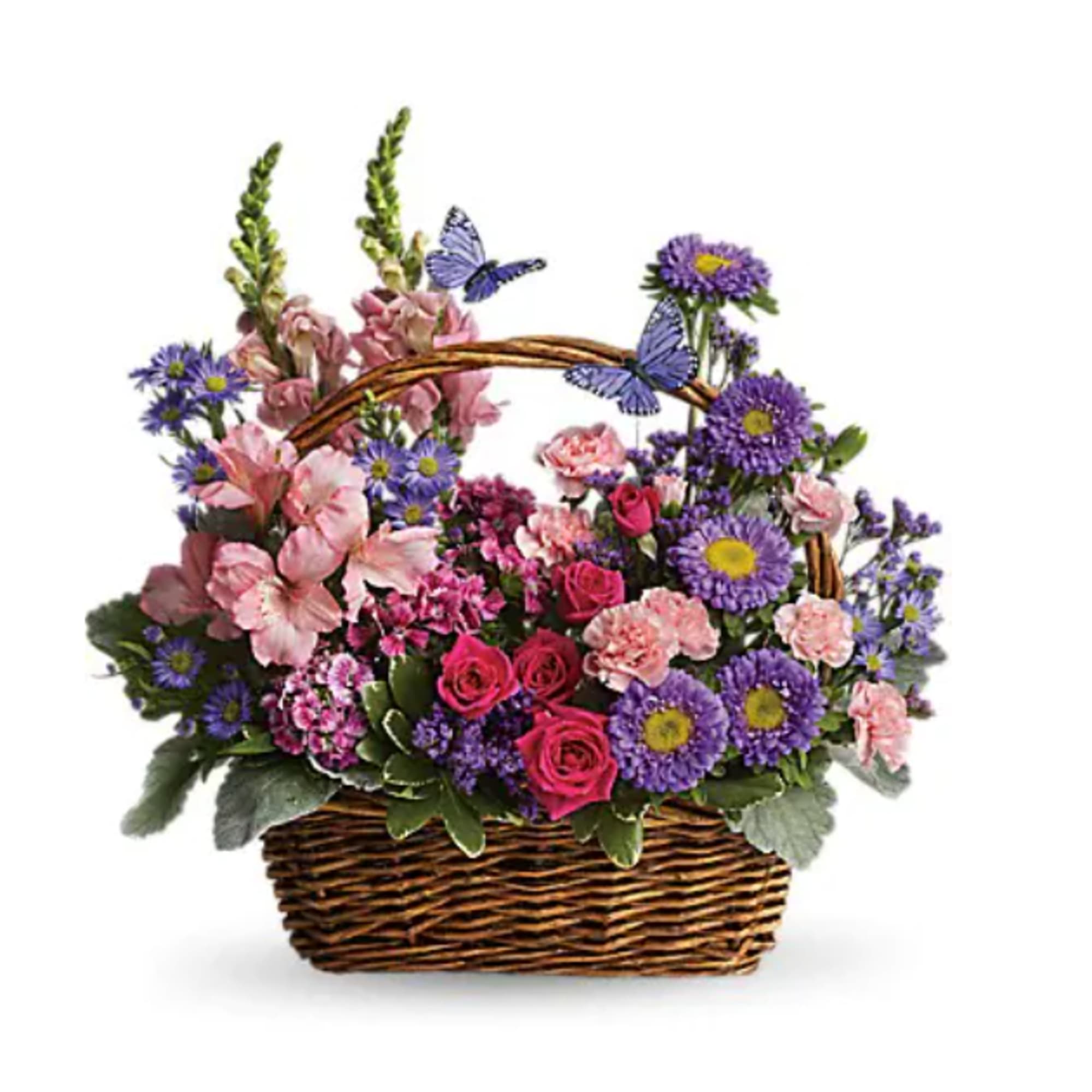 Basket of pink and purple flowers with butterfly decorations