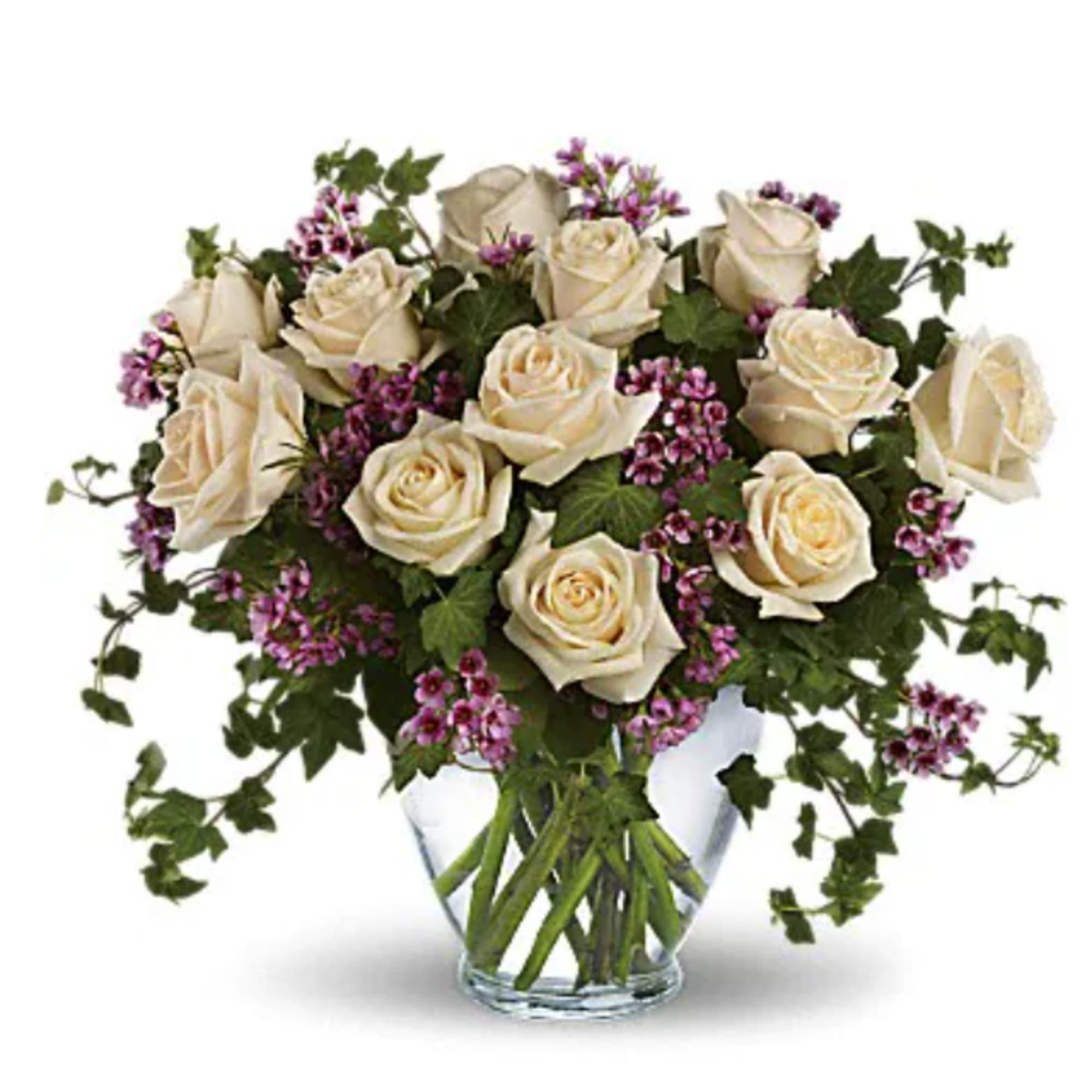 Romance blossoms beautifully within this elegant bouquet. The serenity and innocence of