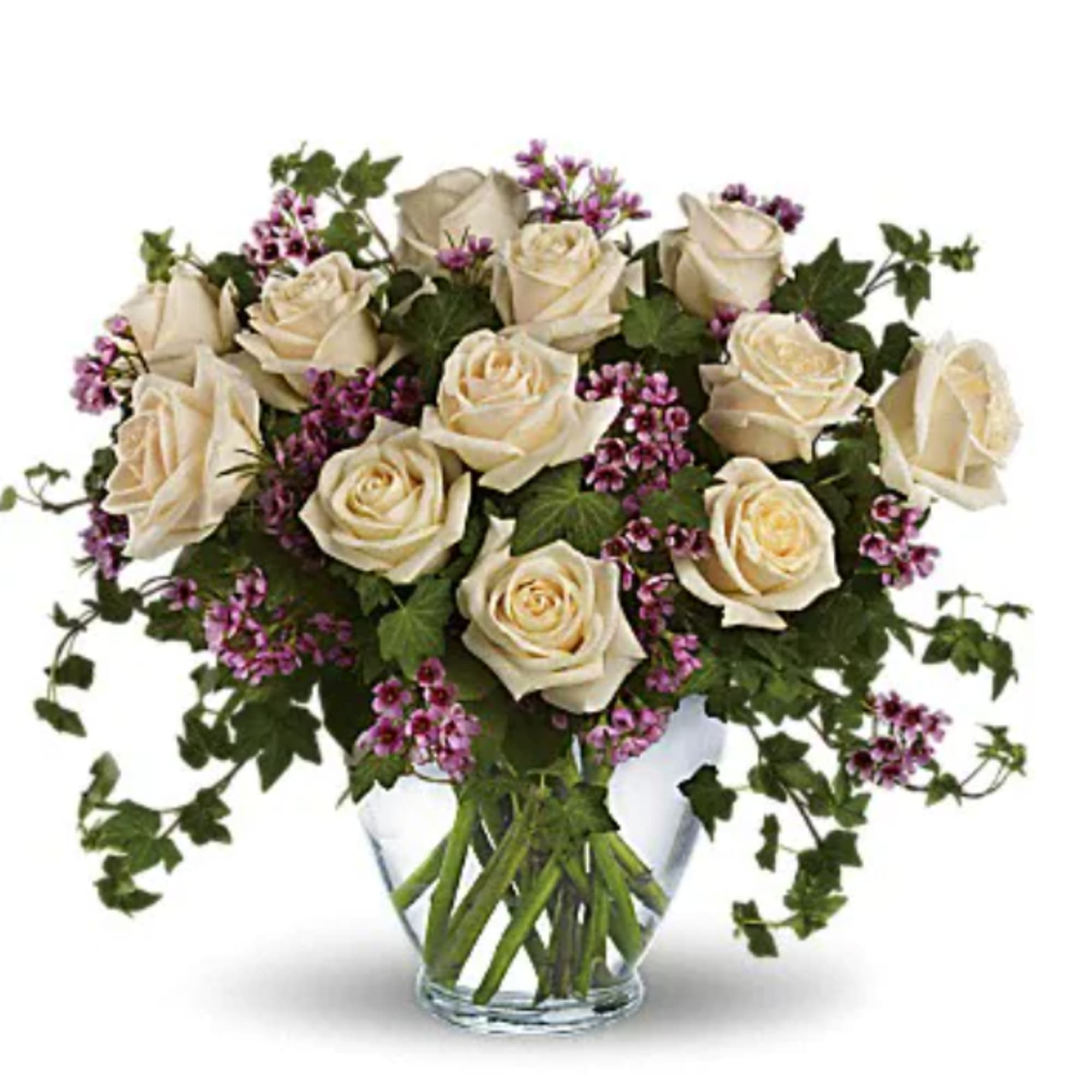 Romance blossoms beautifully within this elegant bouquet. The serenity and innocence of