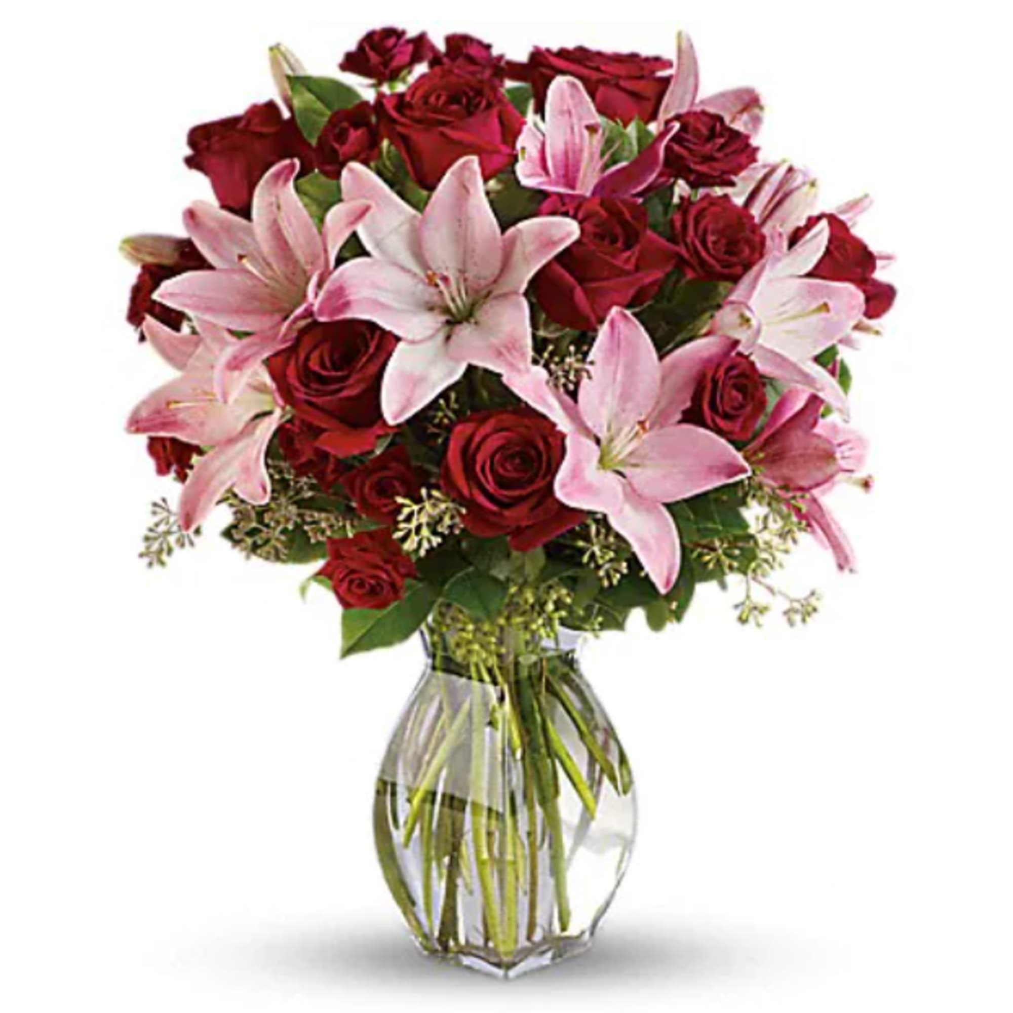 Lovely reds and pinks come together in this lavishly romantic anniversary gift.